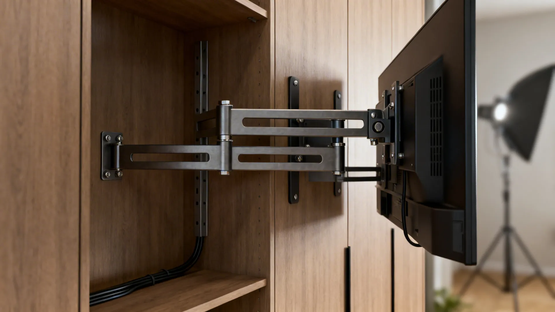 Wardrobe with swivel-mounted TV pulled out and hidden cable channel