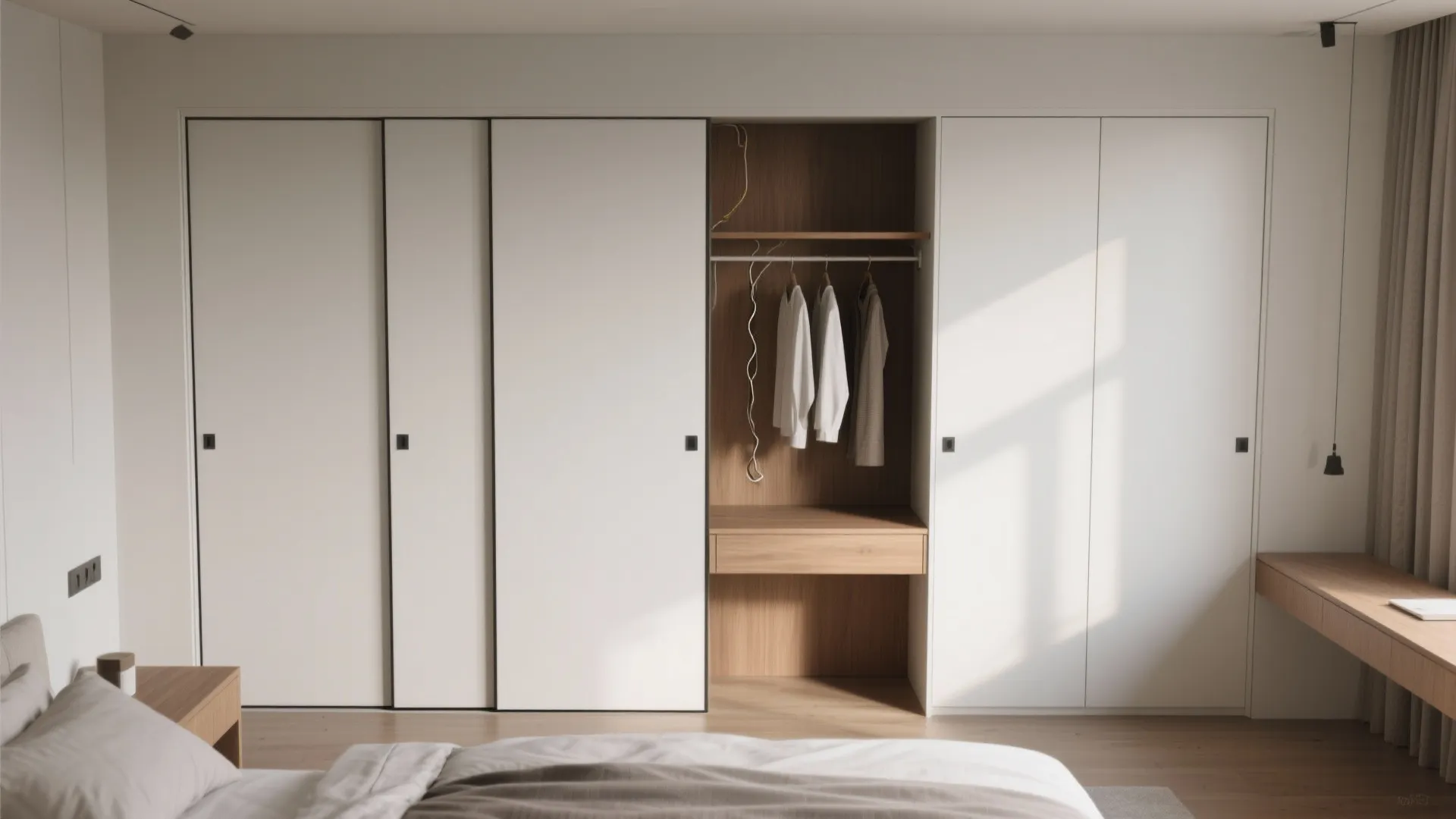 Sliding-Door Wardrobe Wall with an Integrated Desk