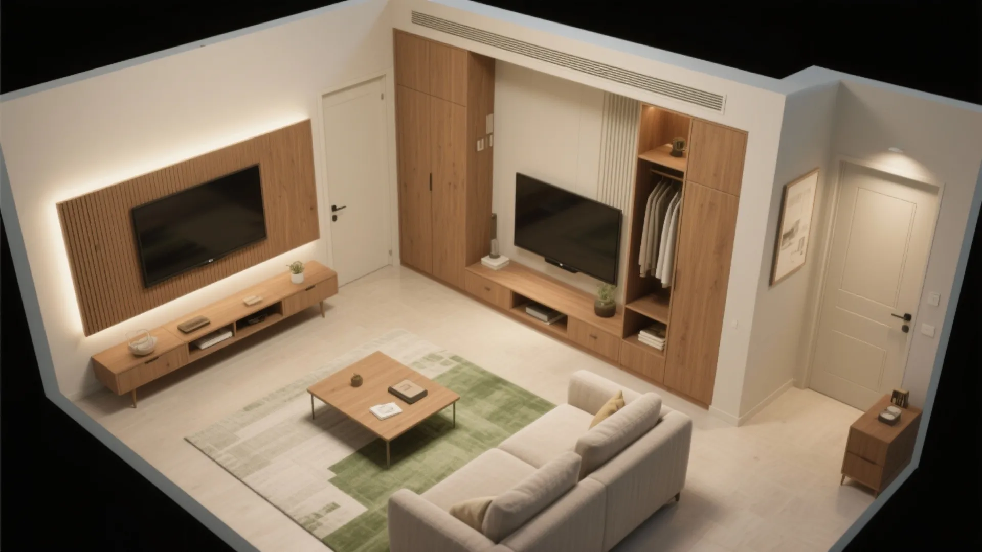 Interior design drawing of a living room with wooden cabinets white sofa and green rug