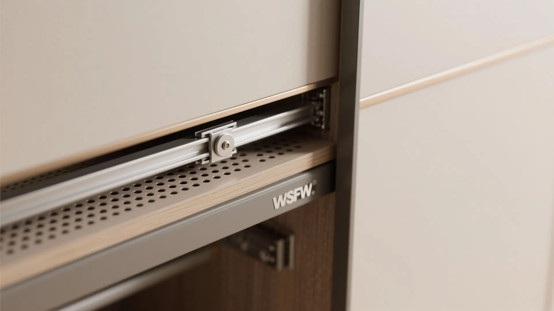 Close up view of metal sliding door track system installed inside a modern white bedroom cabinet