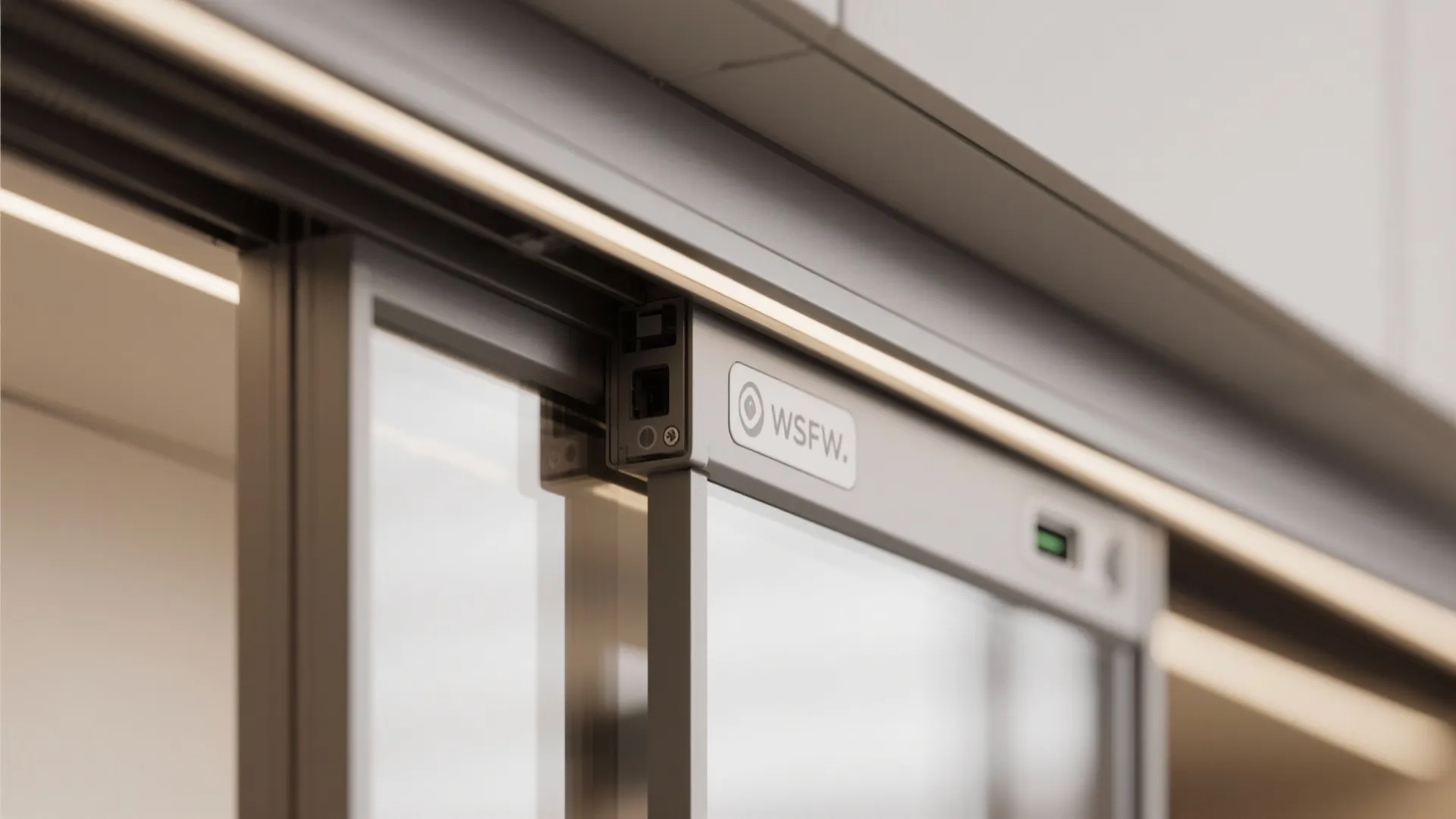 Close up view of a sliding glass door metal track system with built in lights