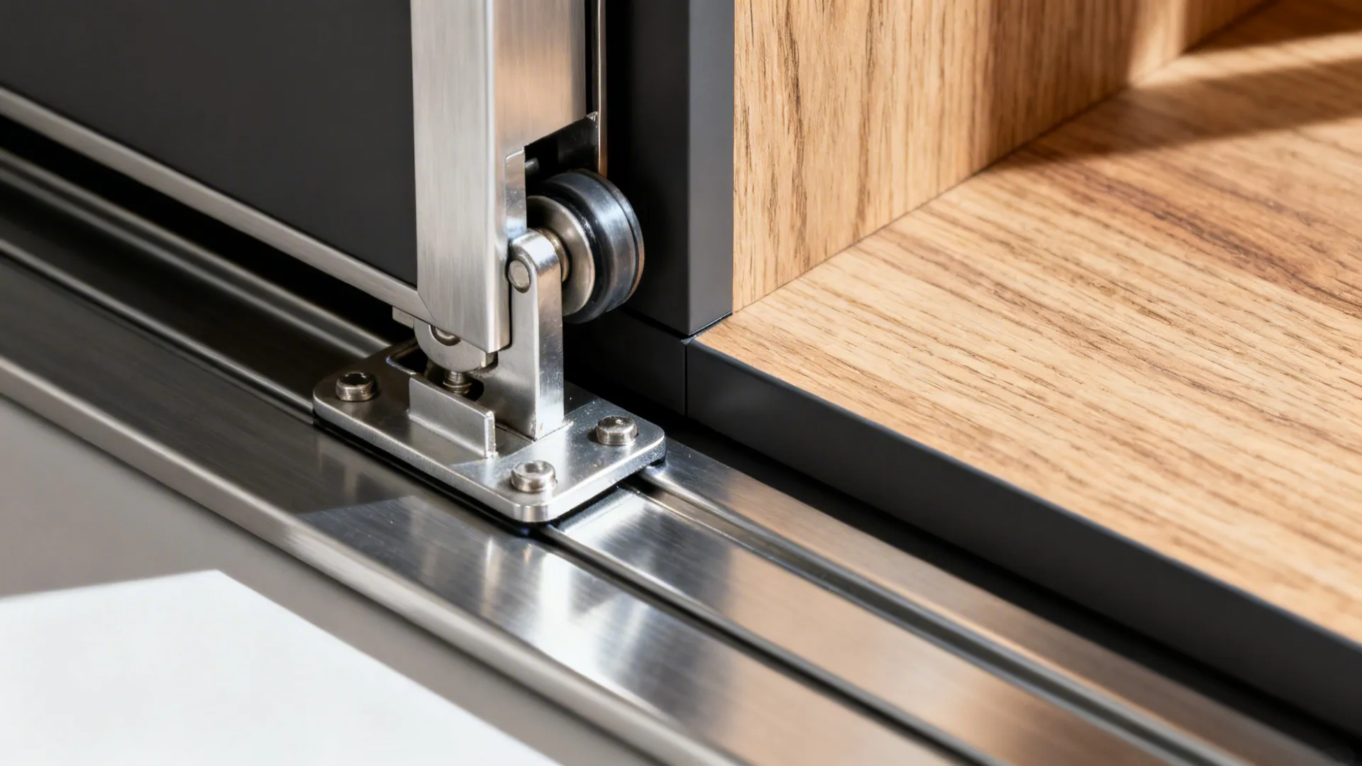 Macro of brushed aluminum sliding wardrobe track with soft-close rollers.