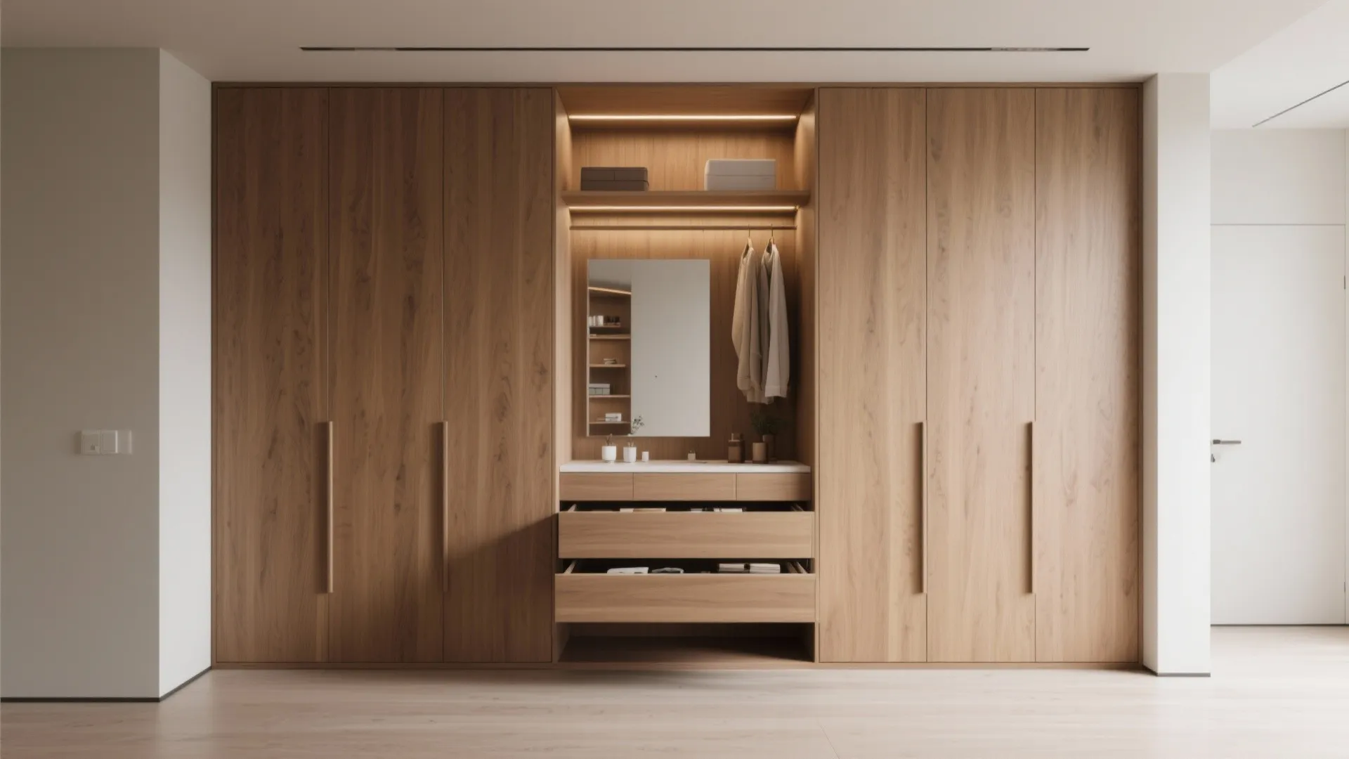 Large wooden bedroom cabinet with built in makeup table mirror lights and several storage drawers
