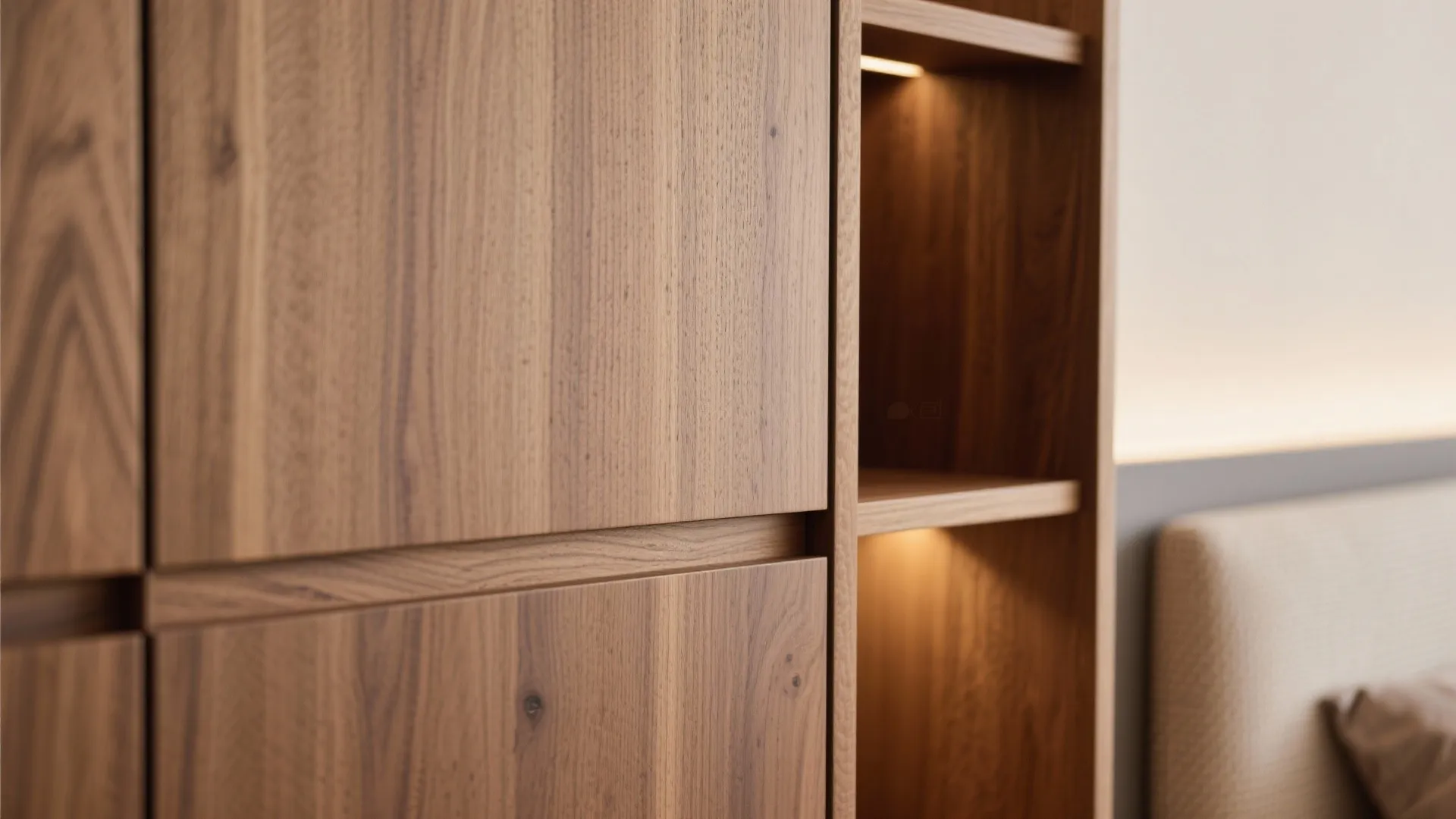 Close-up of natural wood cabinet doors and open shelves featuring warm built-in light fixture accents