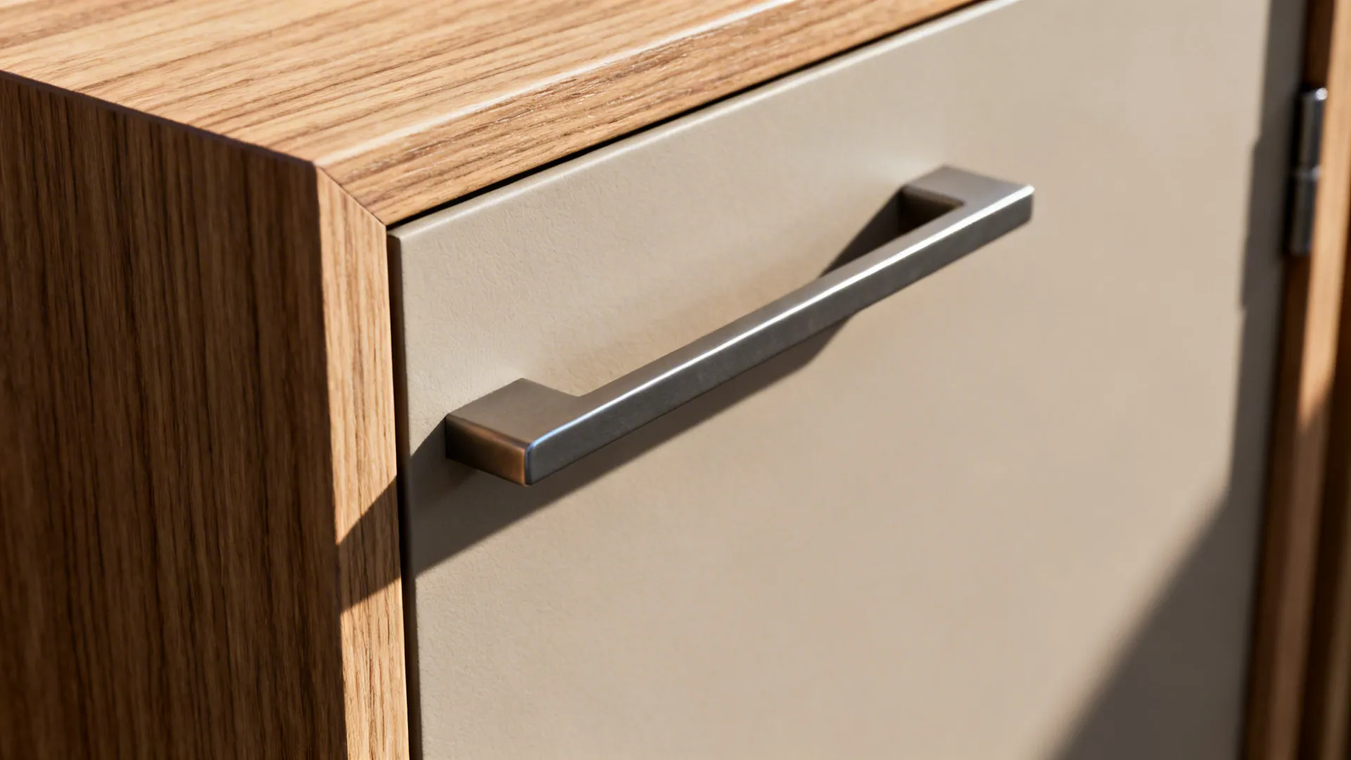 Macro of sealed wood-veneer wardrobe edge with slim handle and matte neutral panel.