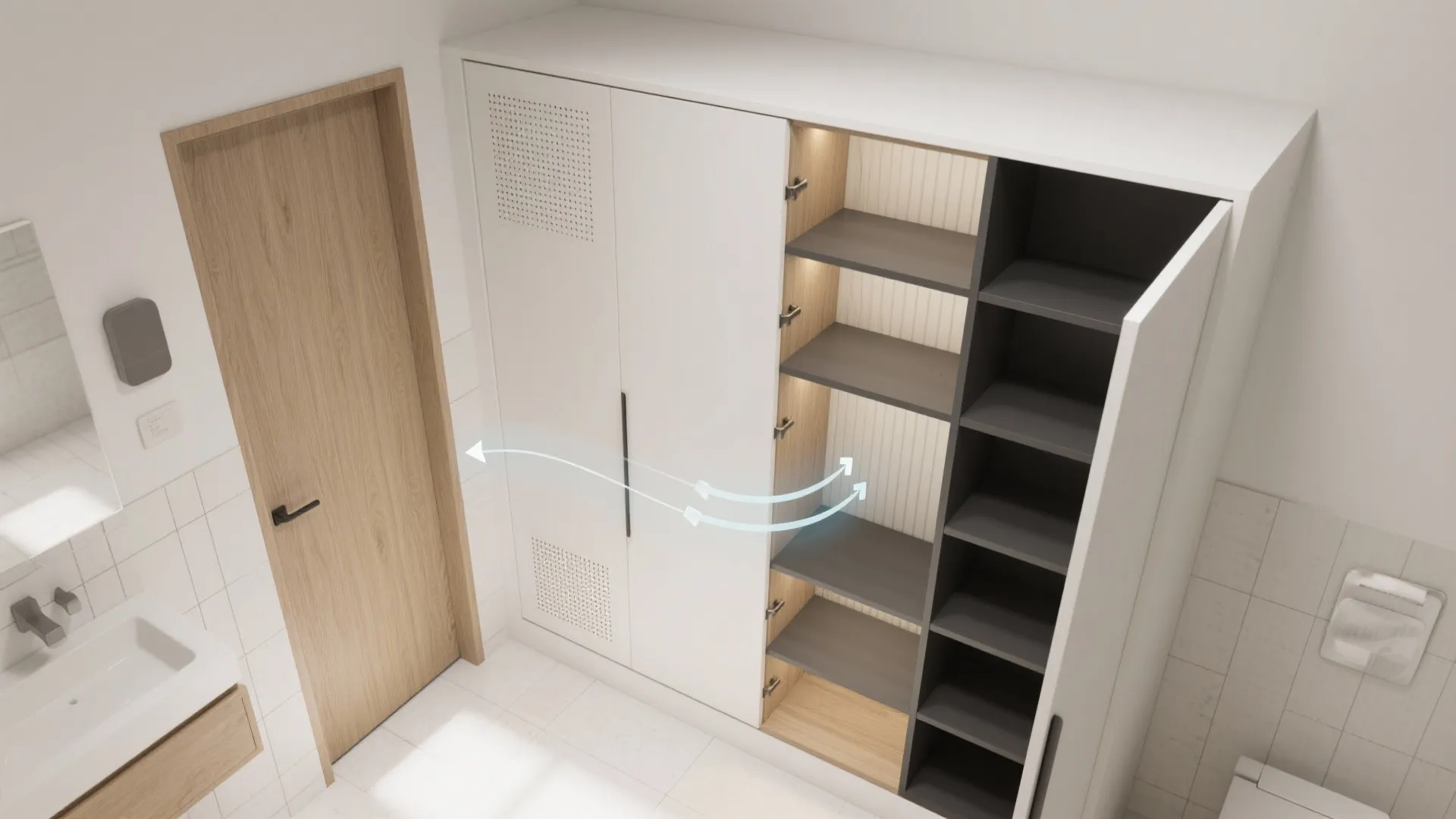 Interior design drawing of white cabinet with open shelves showing air flow and wooden door