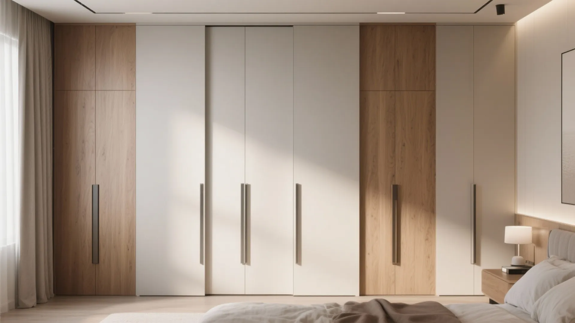 Modern bedroom floor to ceiling wardrobe with cream and wood cabinet doors and long metal handles