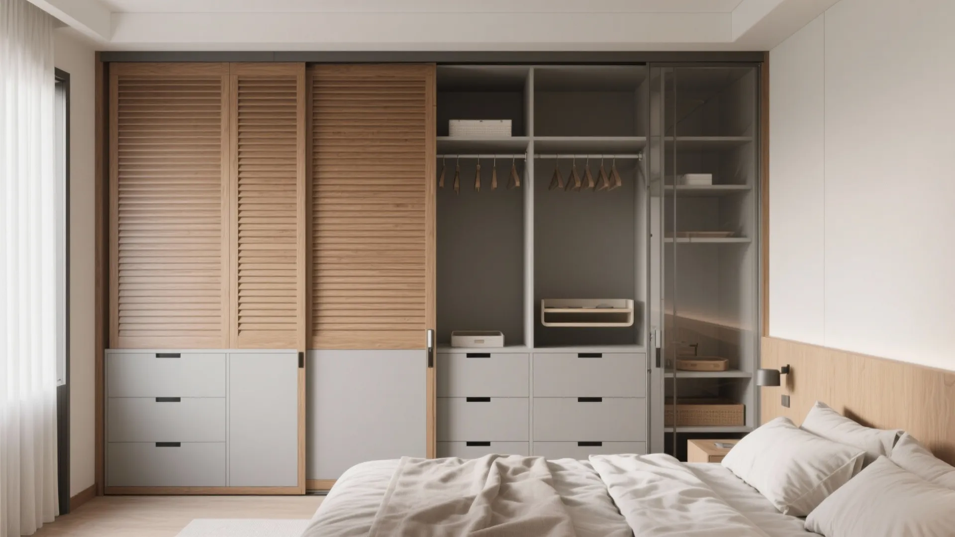 Bedroom with floor-to-ceiling modular wardrobe featuring organized internals.