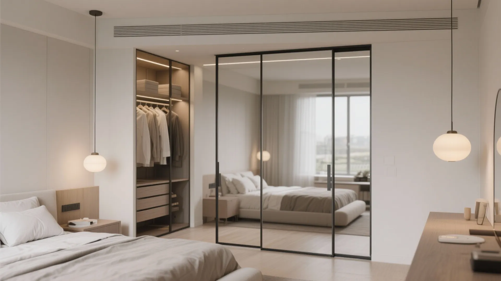 Modern bedroom with glass sliding wardrobe doors and built-in cabinet showing organized clothes and hanging space