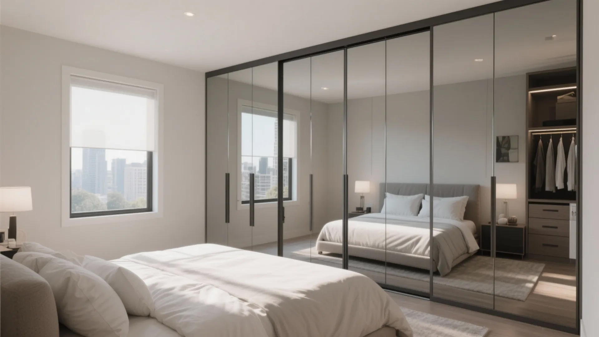 Modern bedroom with large mirrored closet reflecting the bed wooden floors and bright city view