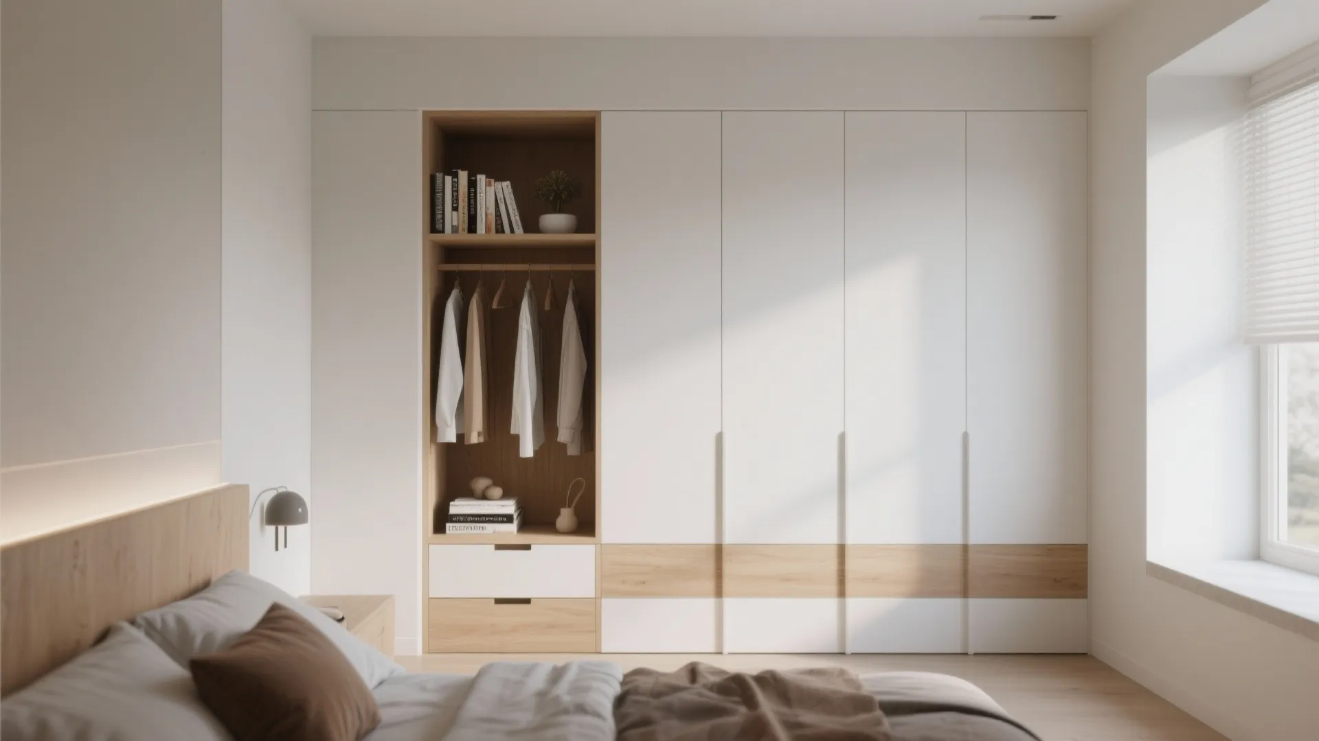 Minimalist white and wood cabinet with open shelves, hanging clothes, beside a bright bedroom window
