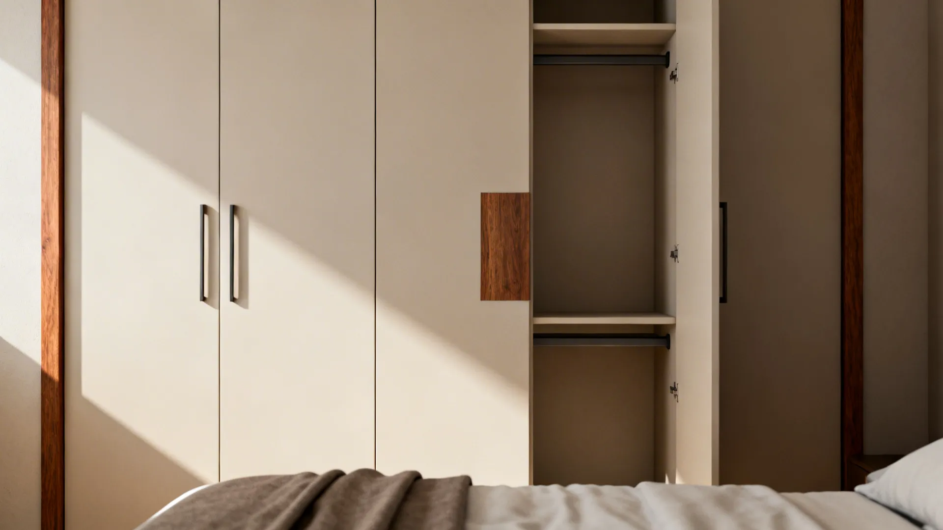 Small-bedroom wardrobe with neutral carcass and warm wood accent panel and slim handles.
