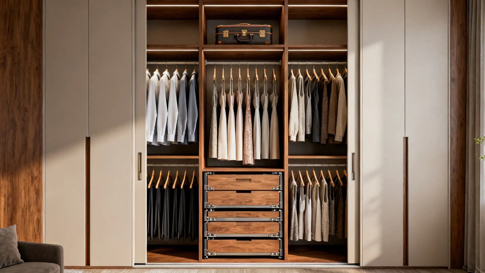 Modular wardrobe with double-hang, full-hang, a central drawer tower, and a top luggage shelf.