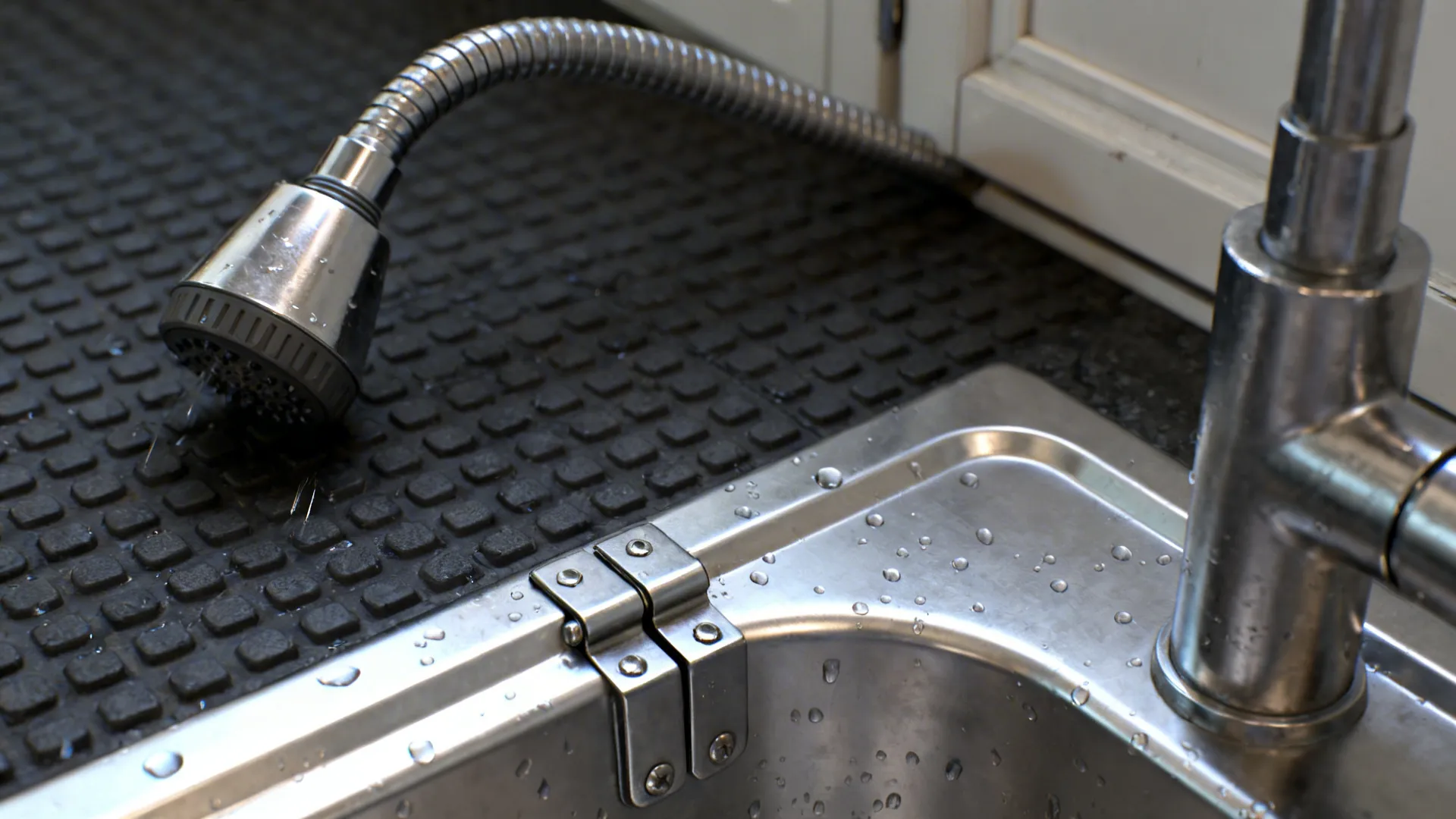 Metal kitchen sink with pull out spray faucet head resting on a black rubber mat
