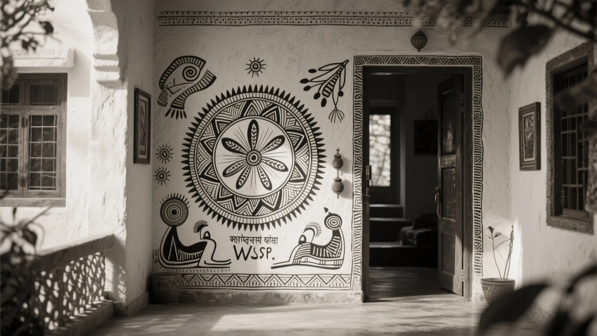 Traditional entryway with black and white wall art paintings beside a dark wood open door