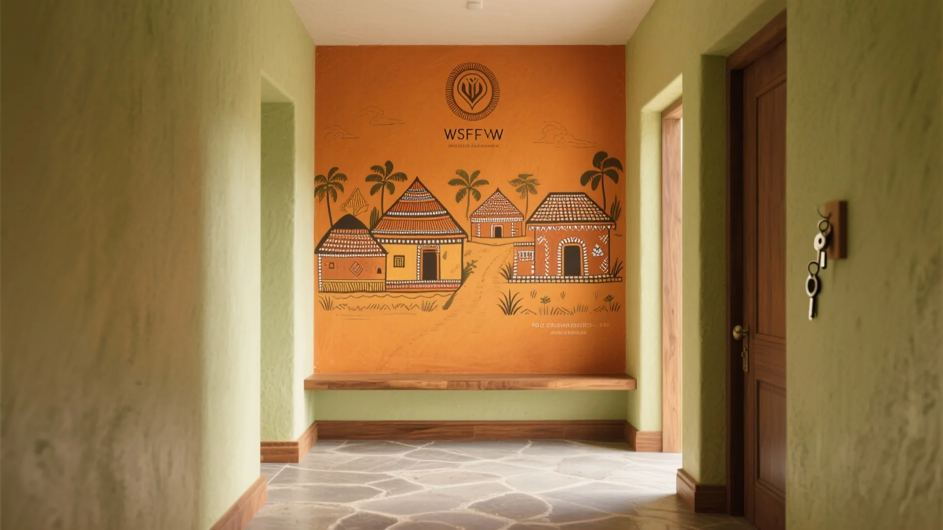 Entryway with green walls featuring an orange mural wall wooden bench and stone tile flooring
