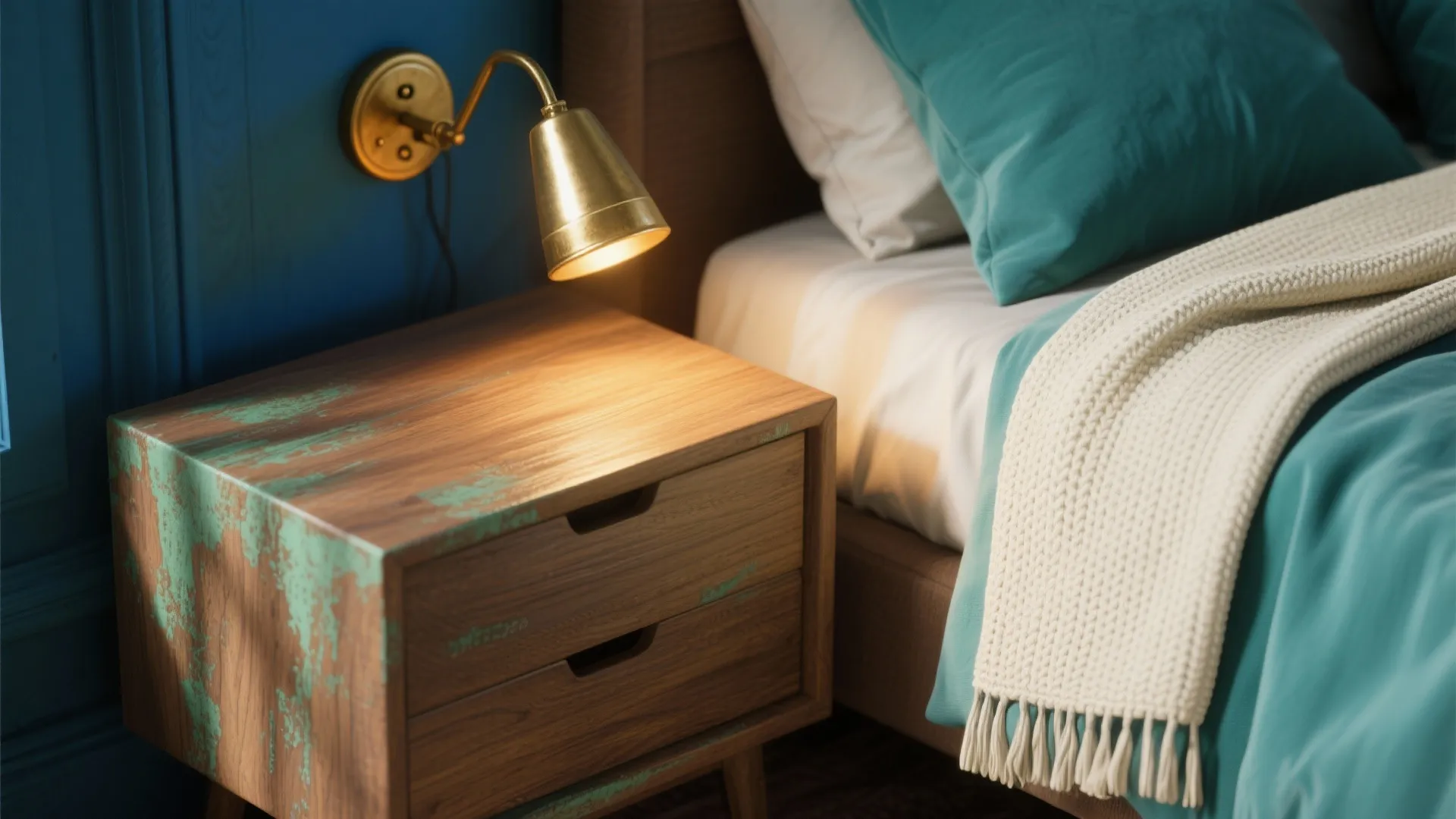 Close up of wooden bedside cabinet with warm gold wall light next to a blue bed