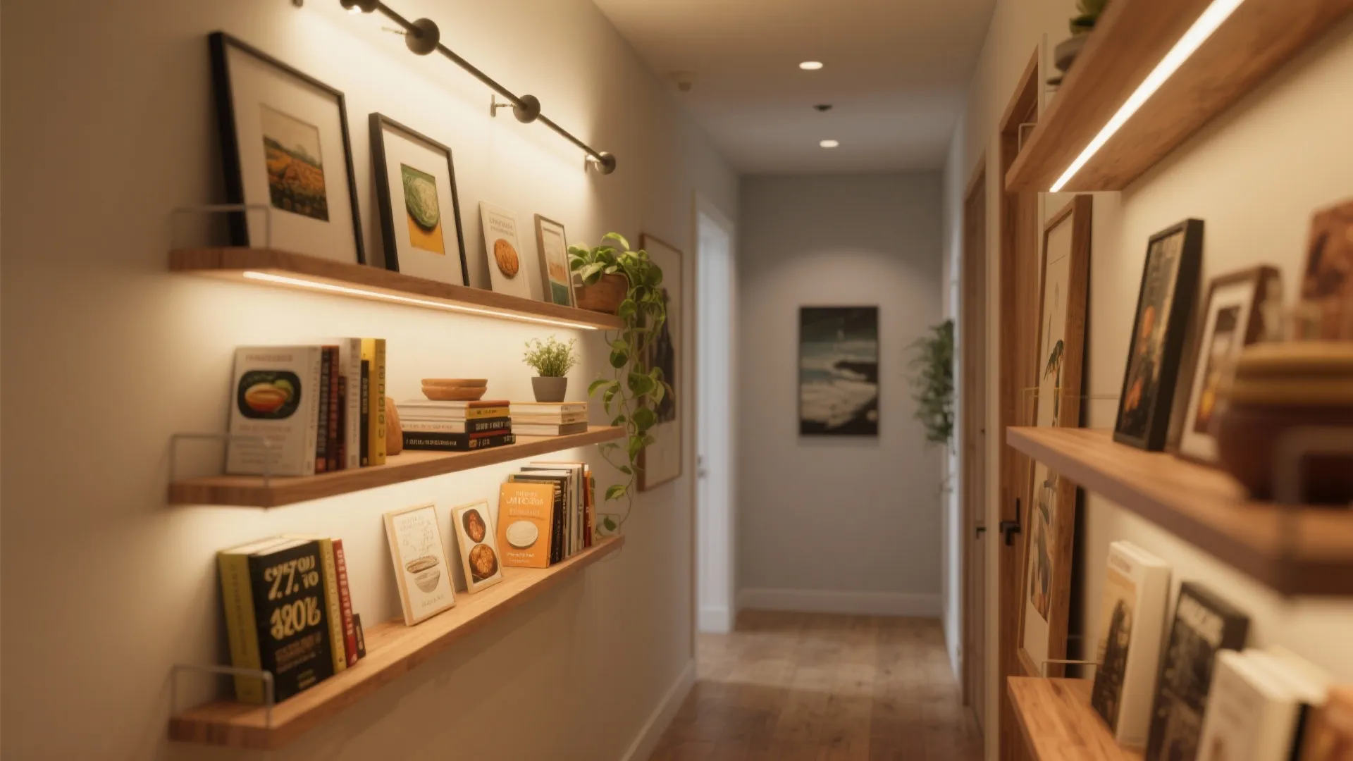 Accent art and shelving with warm wall beams