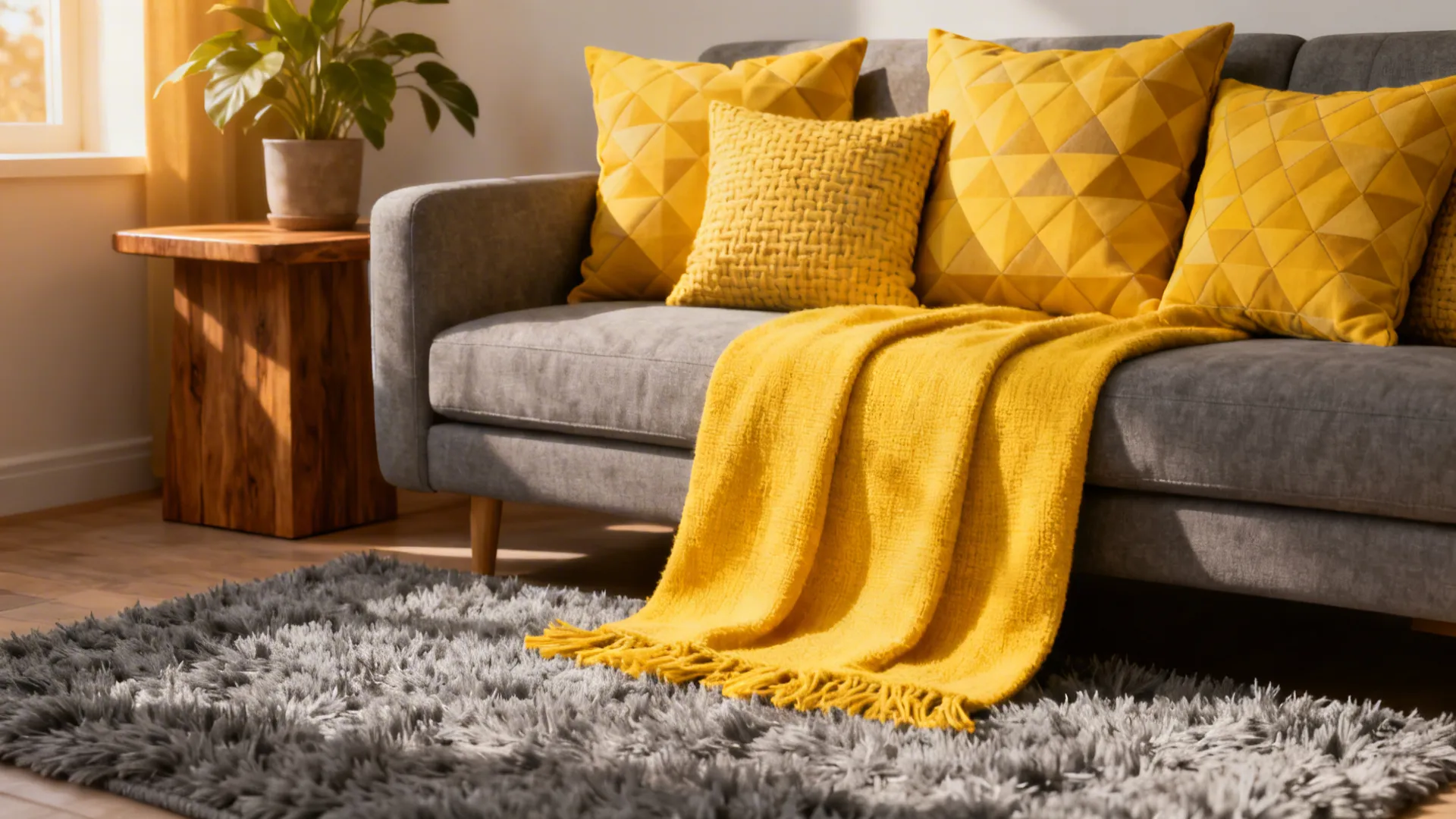 Grey rug with mustard yellow cushions and runner defining a cozy seating area