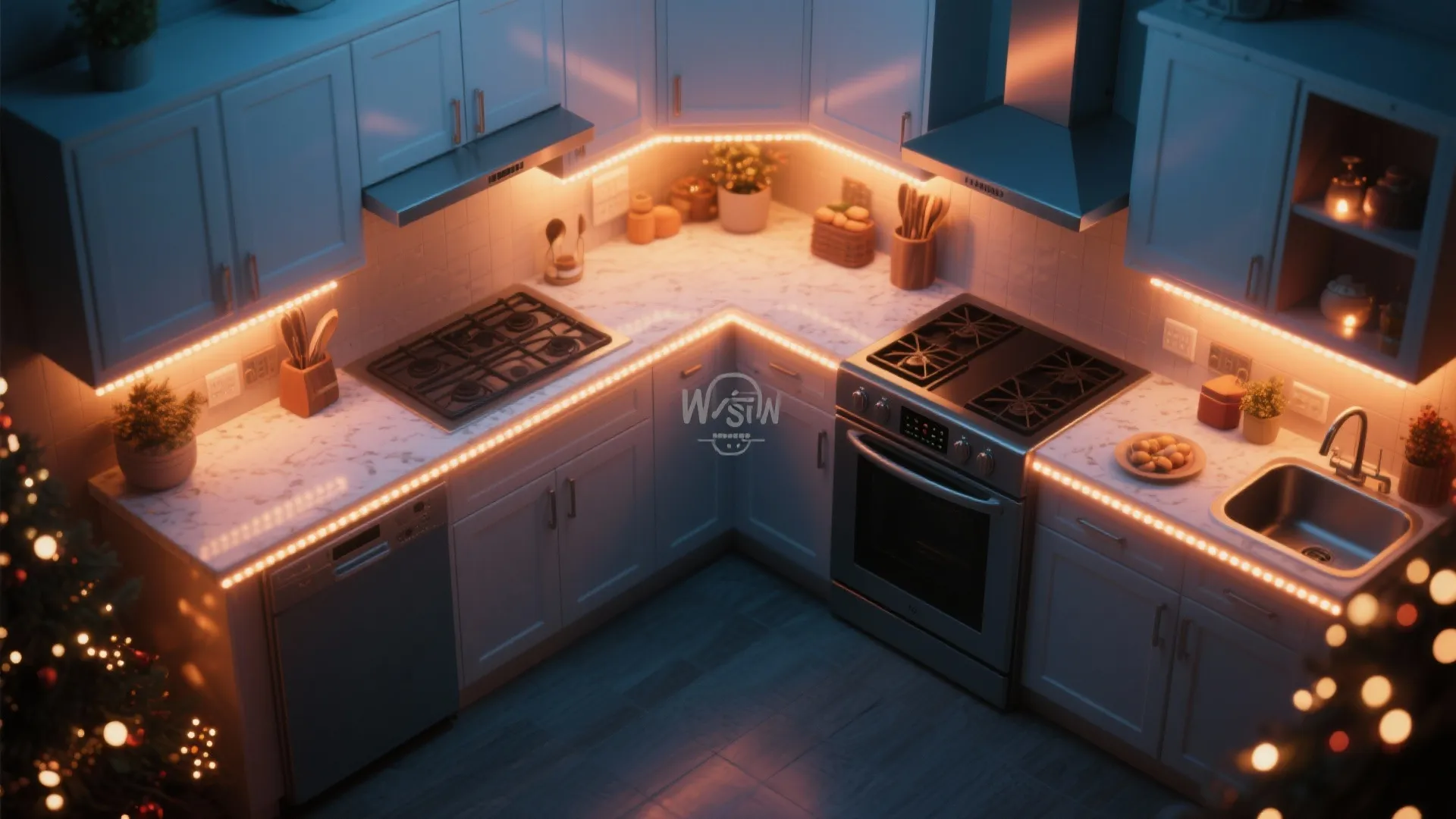 Modern kitchen with warm strip lights under white cabinets and a marble countertop at night