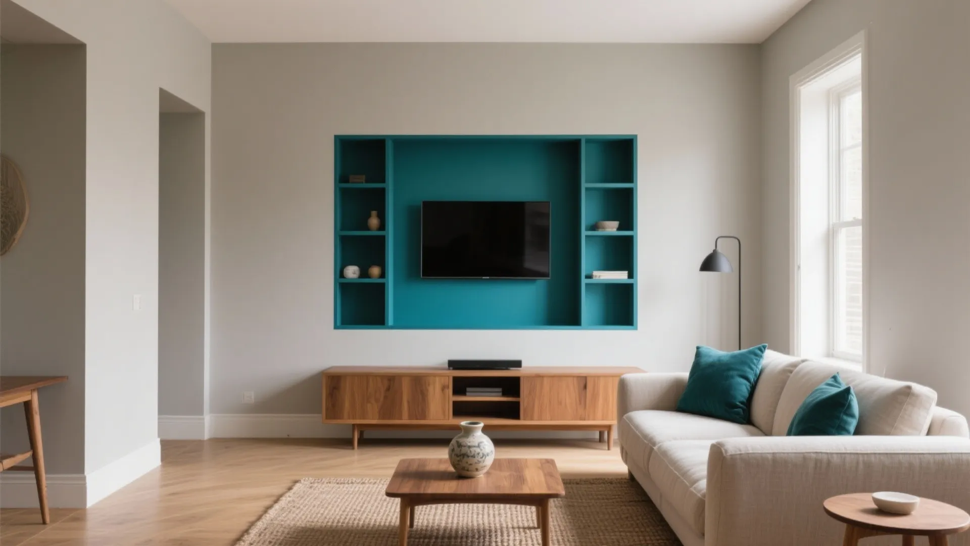 Living room design featuring blue wall shelf television wooden cabinet white sofa and blue cushions