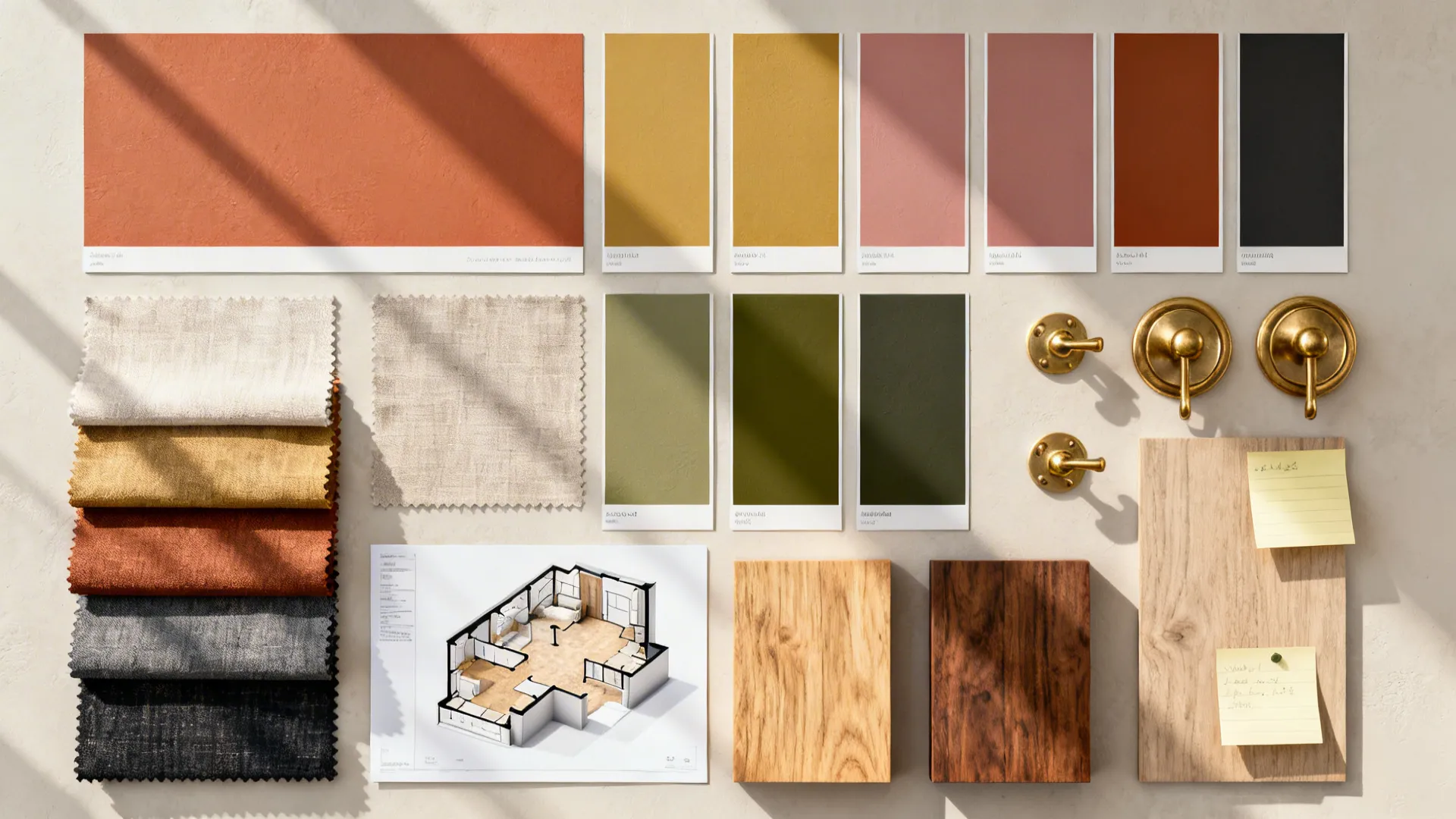 Flatlay moodboard with paint chips, fabric swatches, wood samples and a small 3D floorplan for accent wall planning.