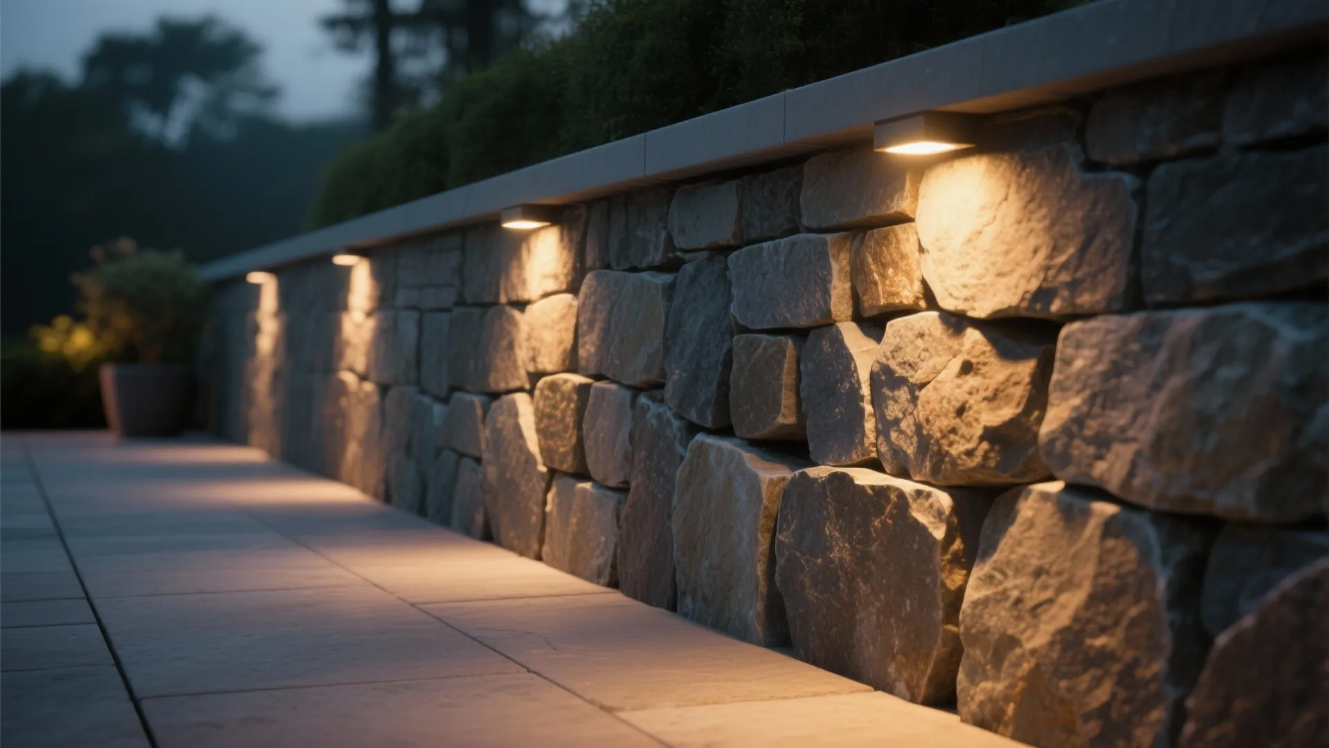 Natural stone retaining wall with warm small light fixtures illuminating a gray outdoor stone patio