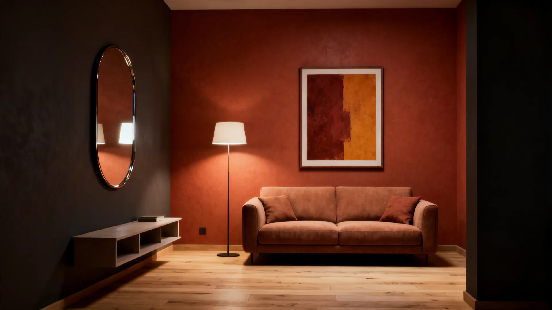 Small living room with a light brown sofa against a terracotta accent wall and complementary rust-toned artwork.