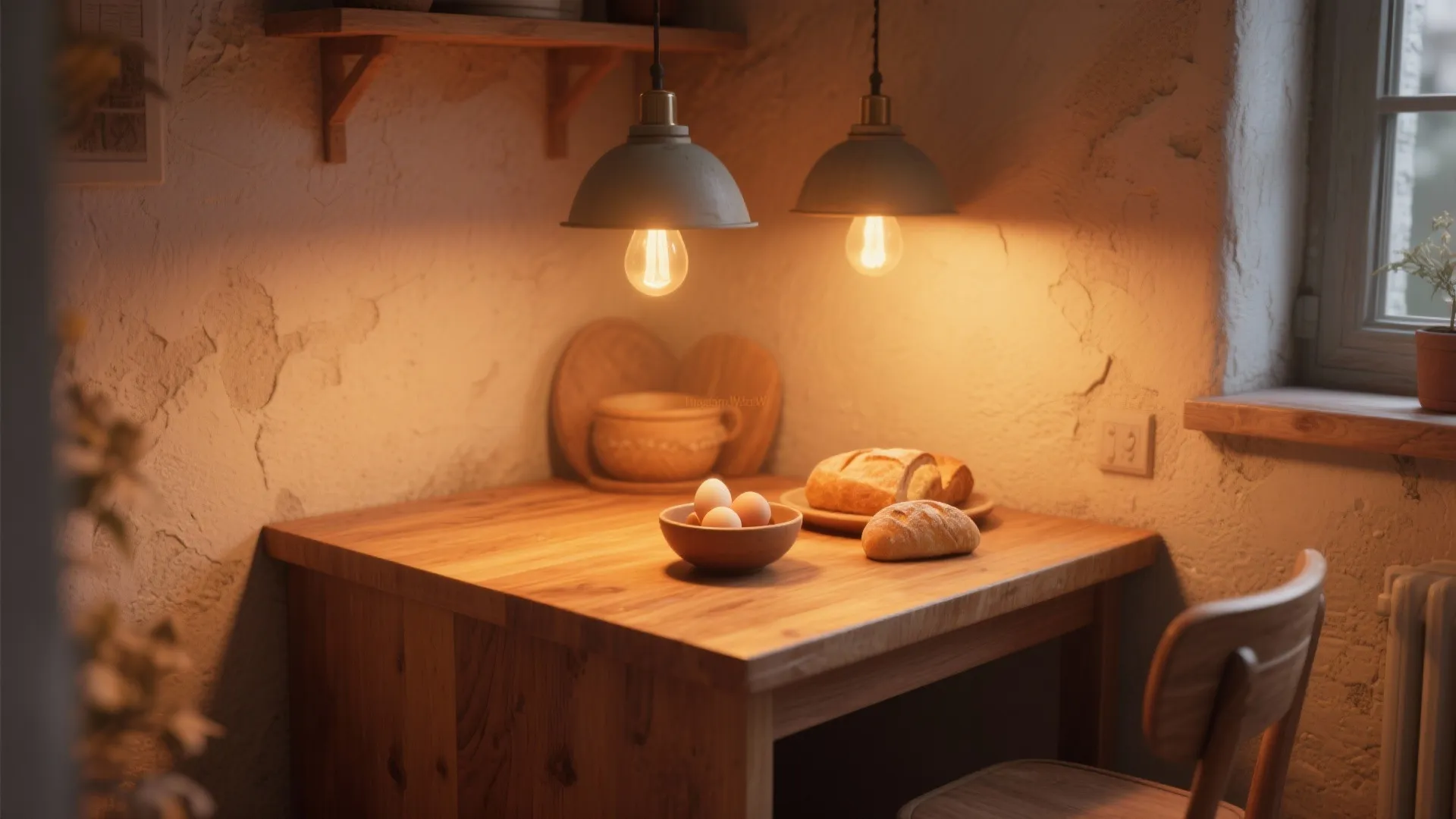 Cozy dining area with wooden table bread and eggs under warm hanging yellow ceiling lights