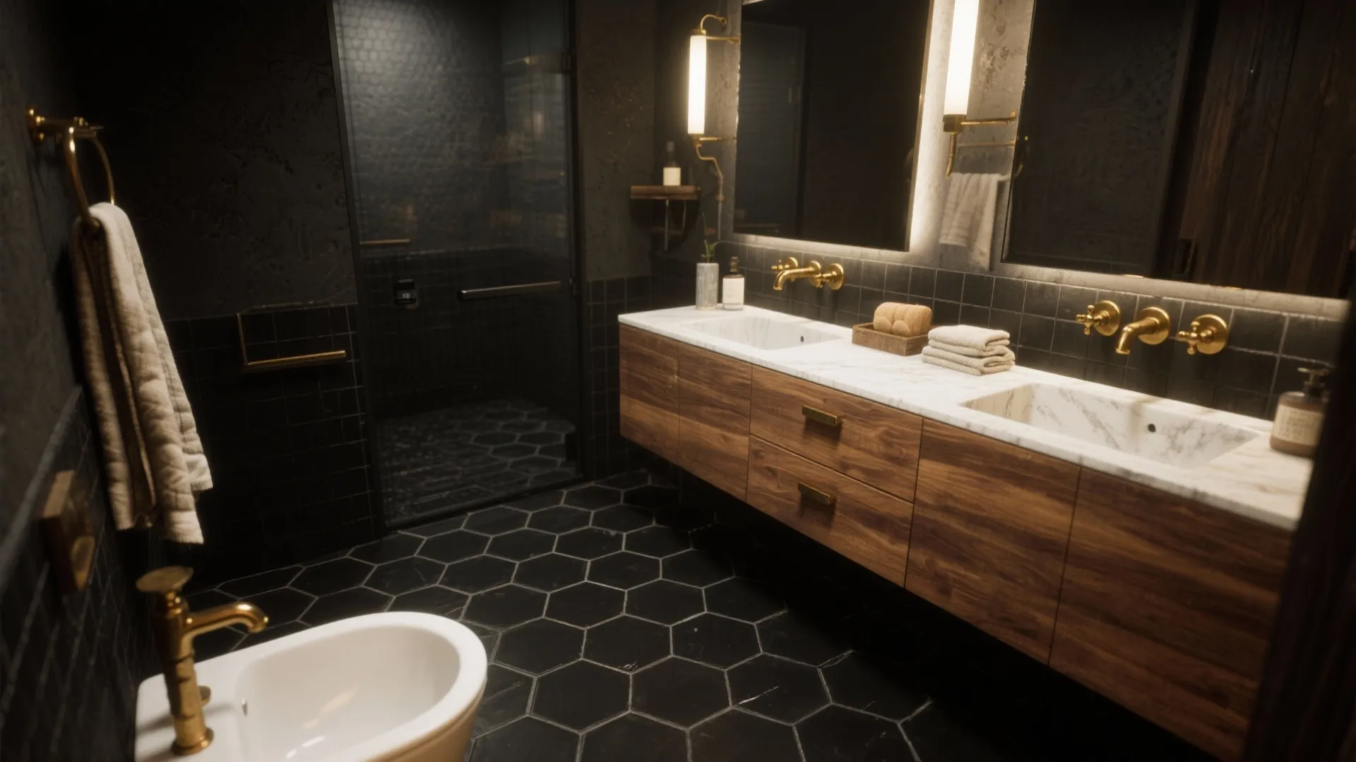 Moody bathroom with matte black hex floor, warm wood vanity and brushed brass fixtures under soft light.