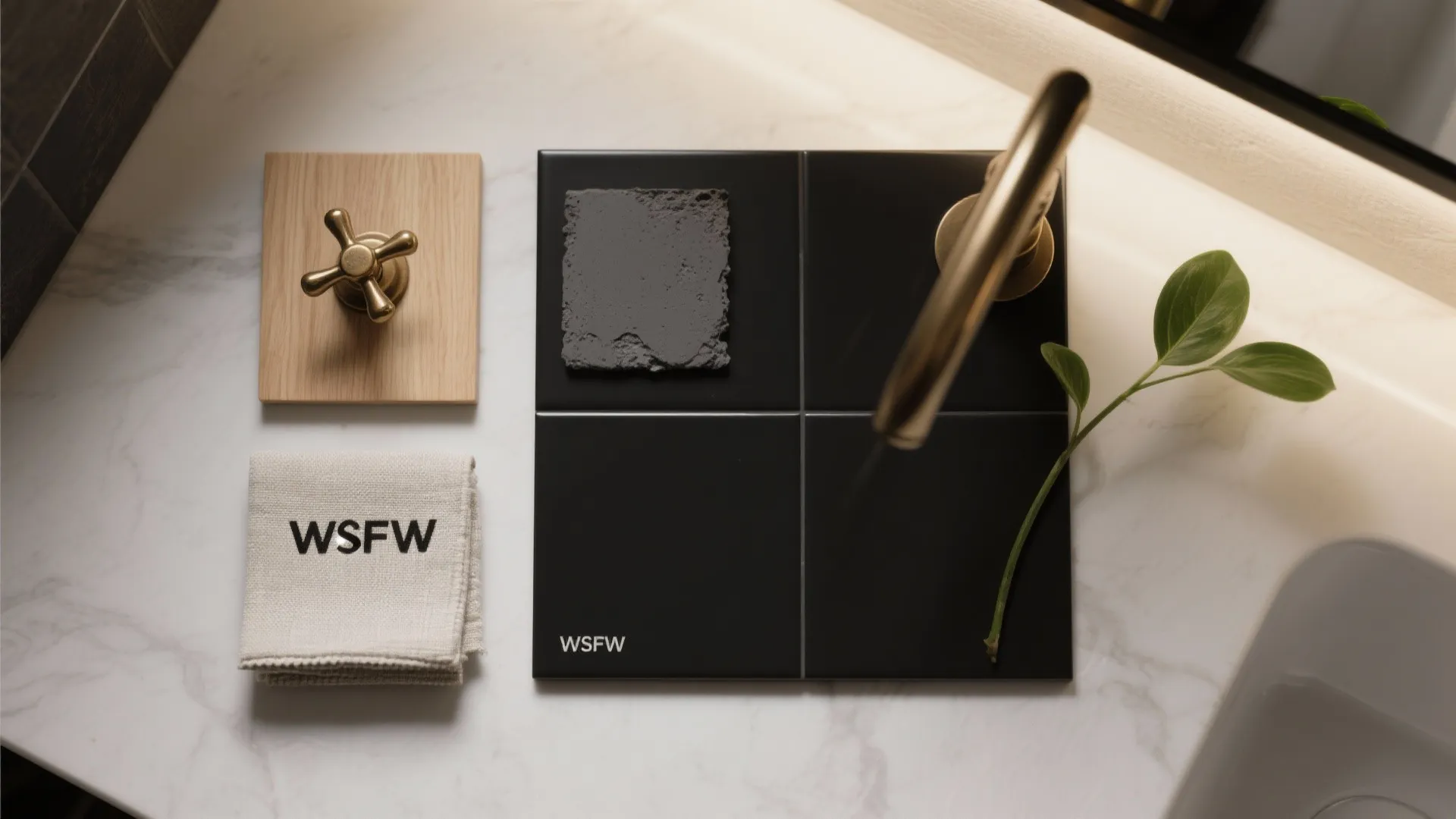 Interior design material board with black tiles gold faucet wood sample and white marble counter