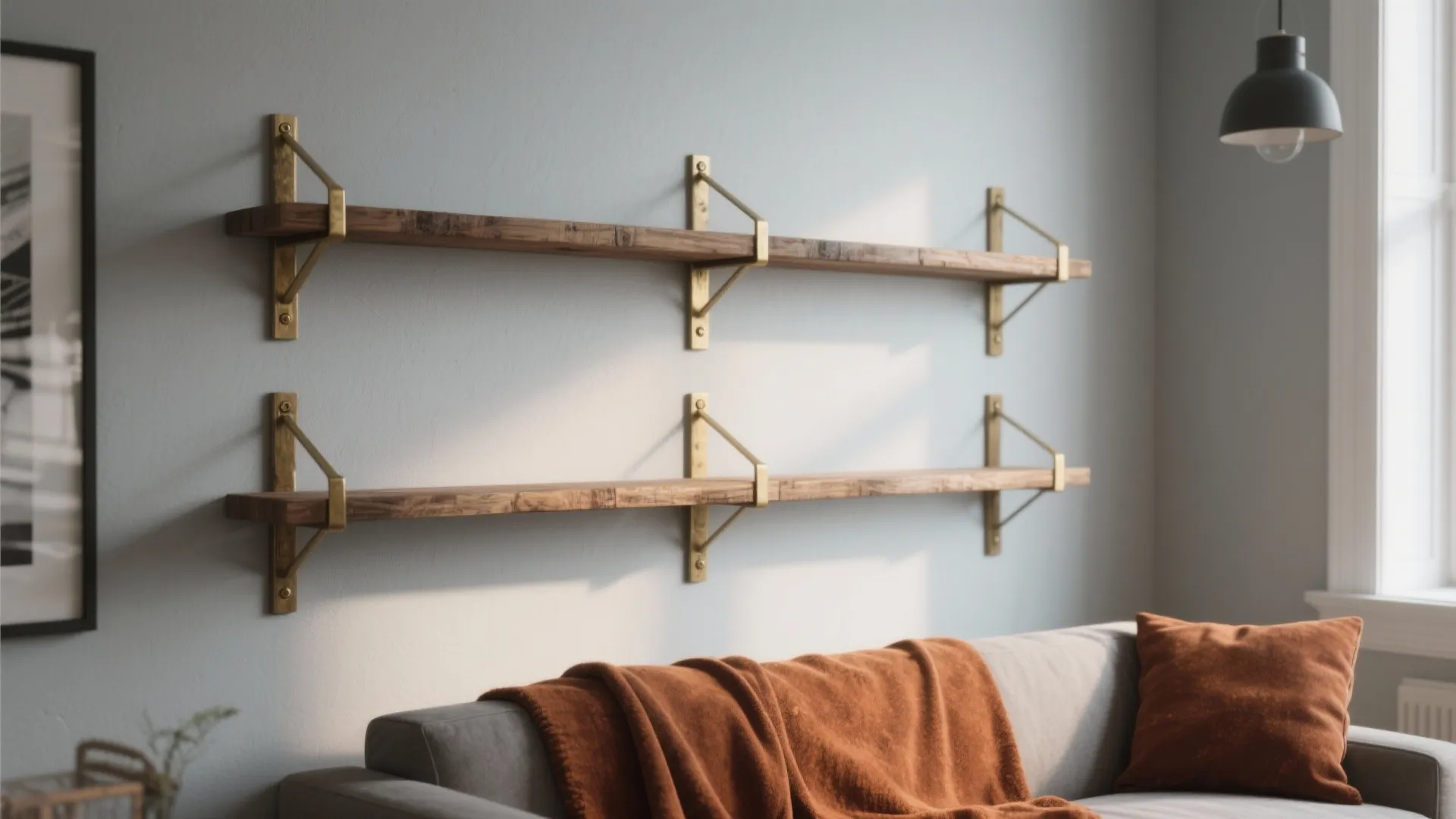 Two wooden wall shelves with gold brackets above a grey sofa with orange throw pillows