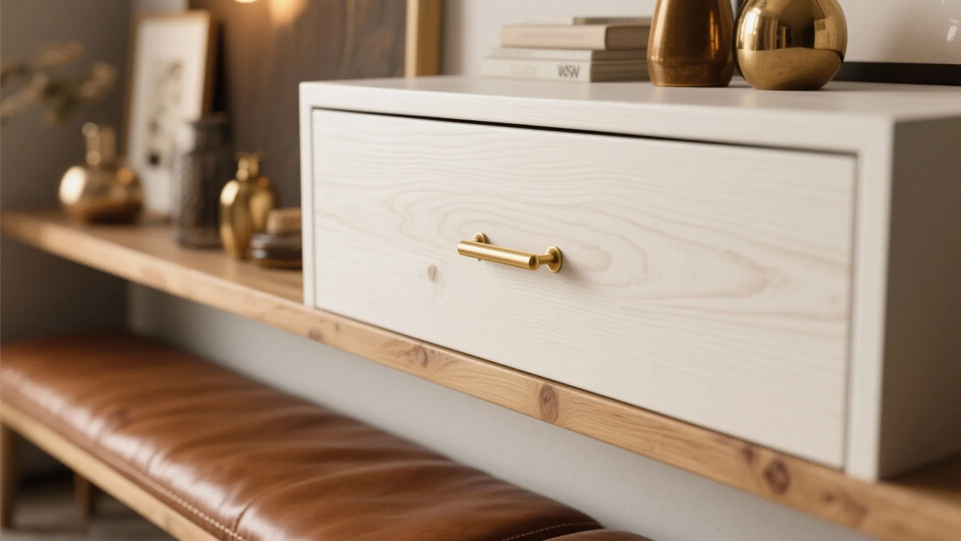 Brass hardware and leather bench paired with white wood paneling for warm contrast