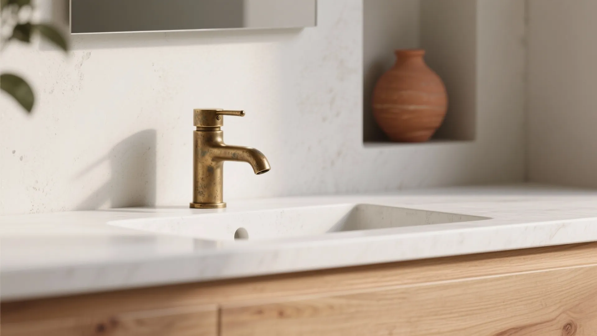 Warm oak vanity edge and brass faucet contrasted with white microcement