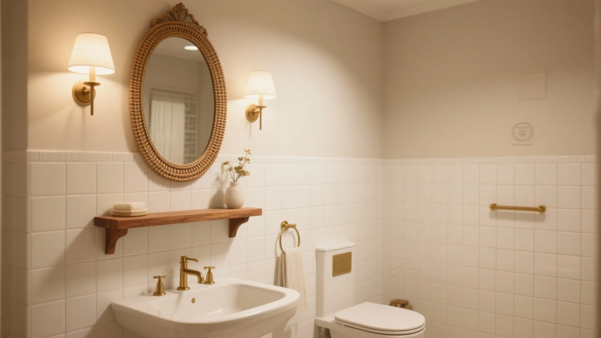 Warm bathroom interior with white sink gold faucet oval mirror two wall lights and wooden shelf