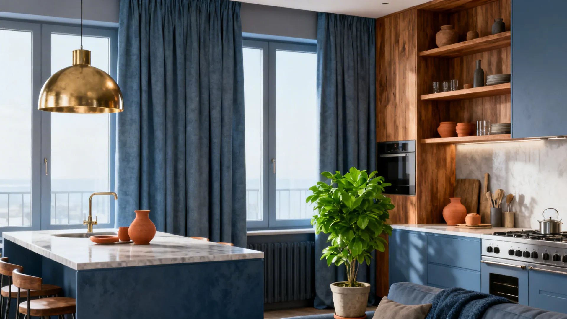 Kitchen-living area with blue-grey curtains, warm oak shelves, brass lighting and terracotta decor.
