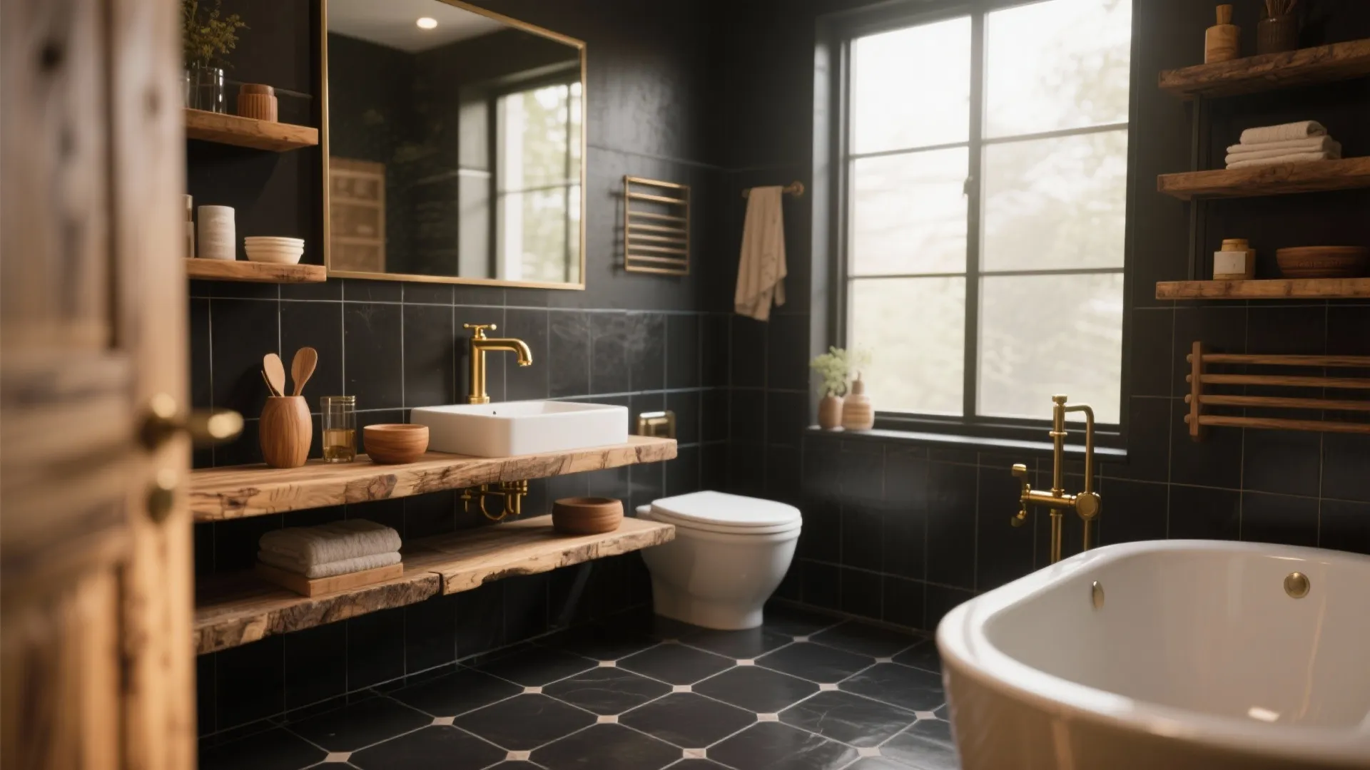 Dark bathroom with black wall tiles wooden shelves white sink white toilet and white bathtub