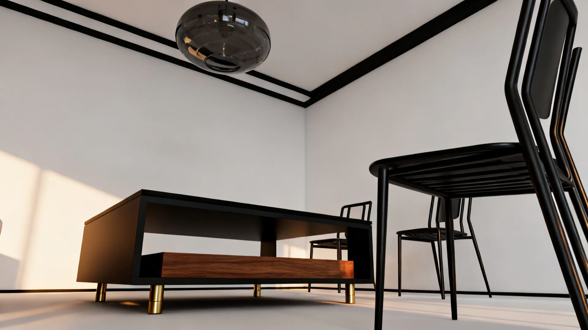 Monochrome corner with a black coffee table, walnut shelf, brass-capped feet, and a smoked-glass pendant.