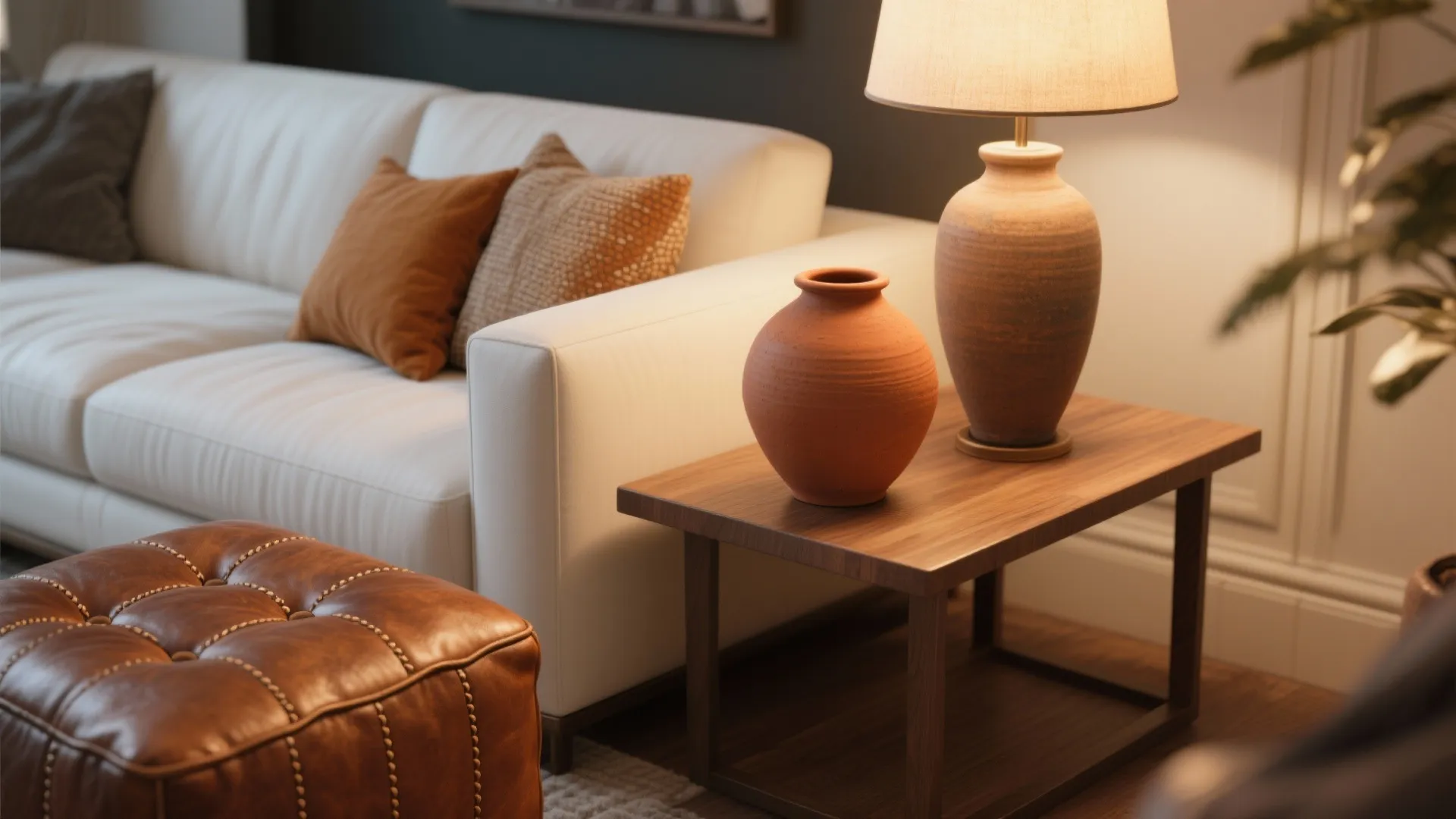 Living room with white sofa and wooden side table holding a lamp and clay vase