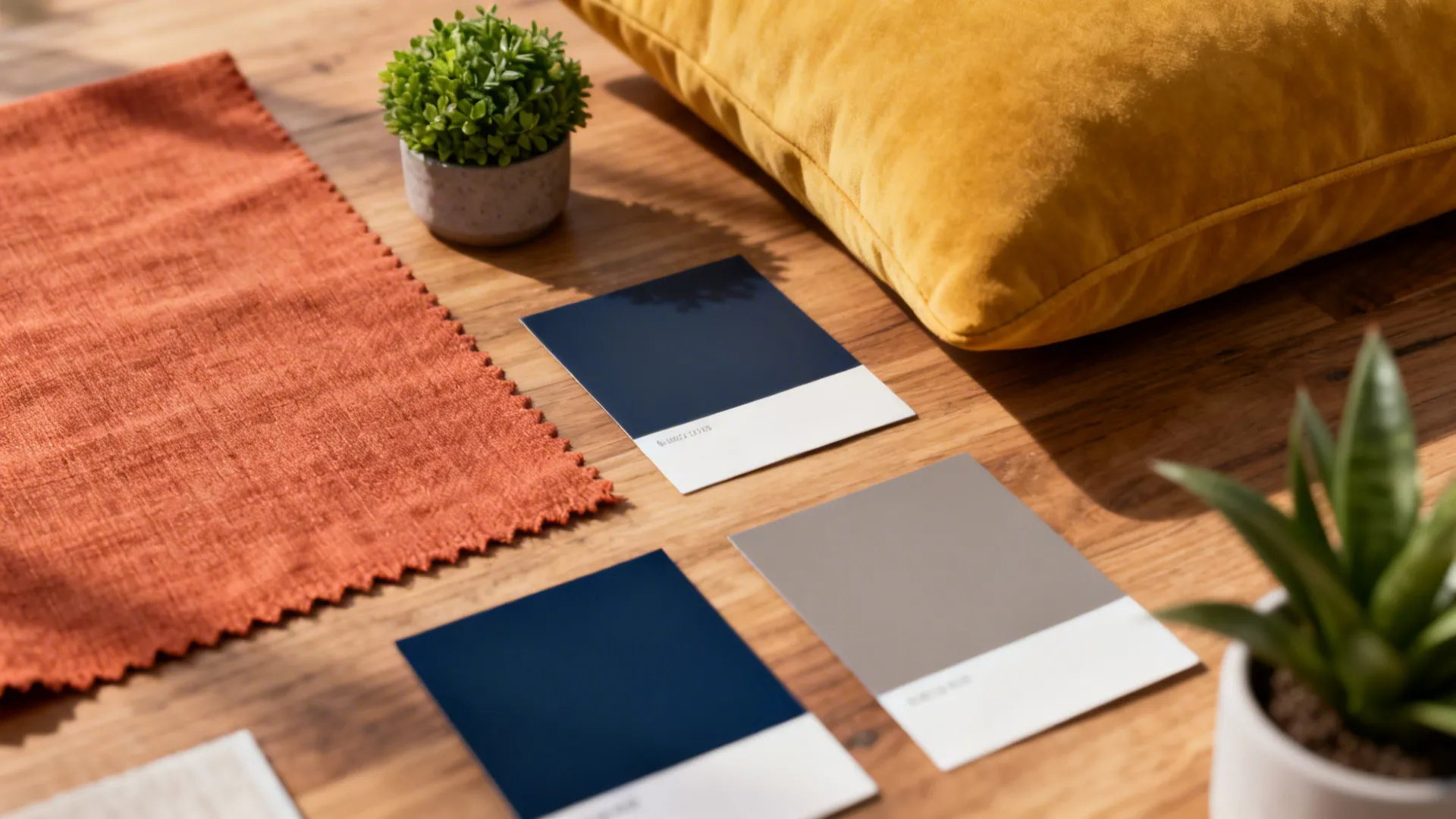 Flatlay of terracotta and mustard swatches with greenery and paint chips for a navy-grey palette