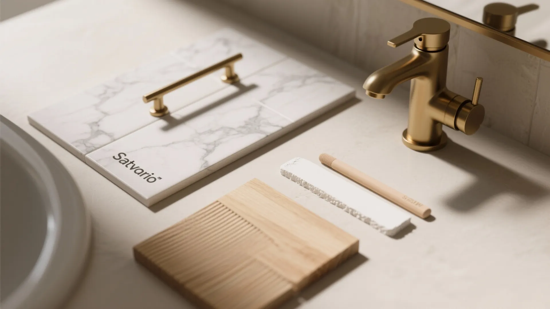 Interior design material samples with white marble tile wood block gold faucet and metal handle