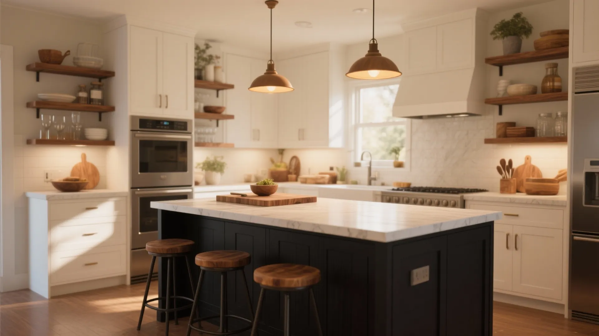 Bright kitchen with white cabinets black island wooden stools marble top and two hanging lights