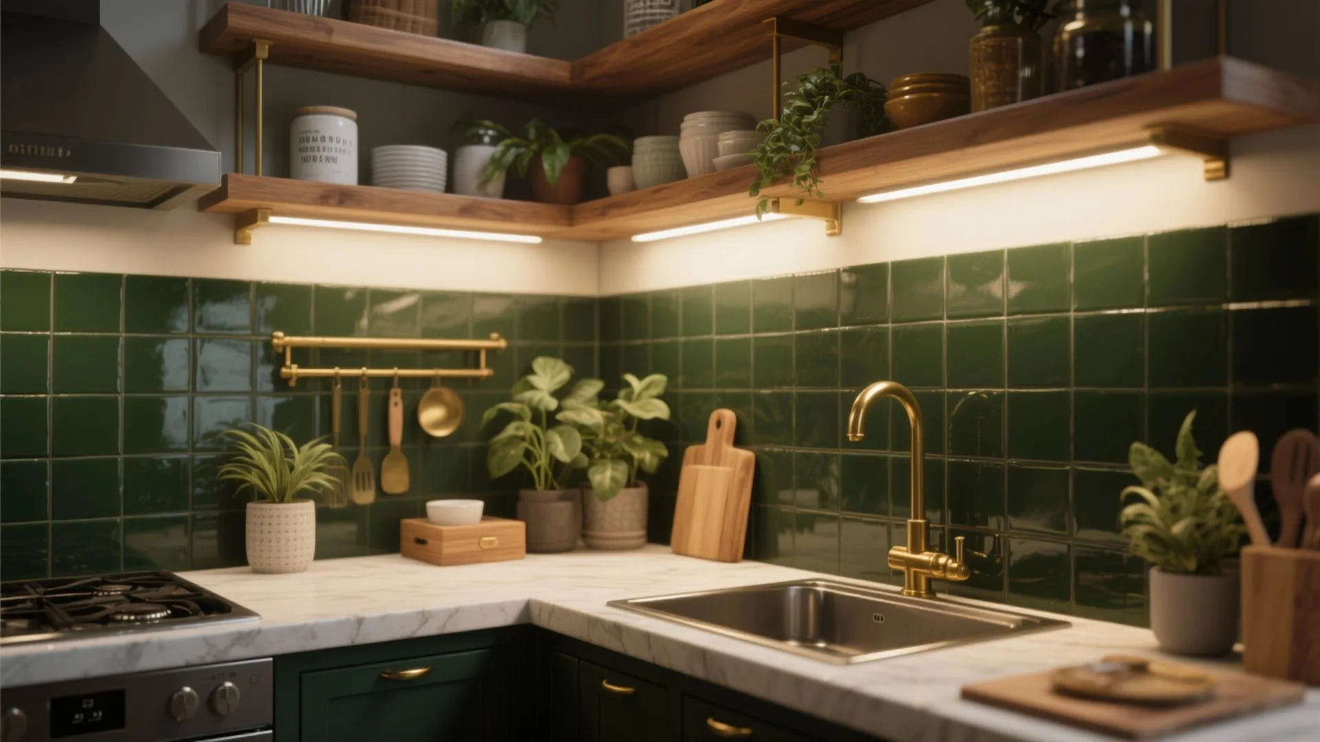 Modern dark green kitchen featuring marble countertop golden water tap wooden shelves and green wall tiles