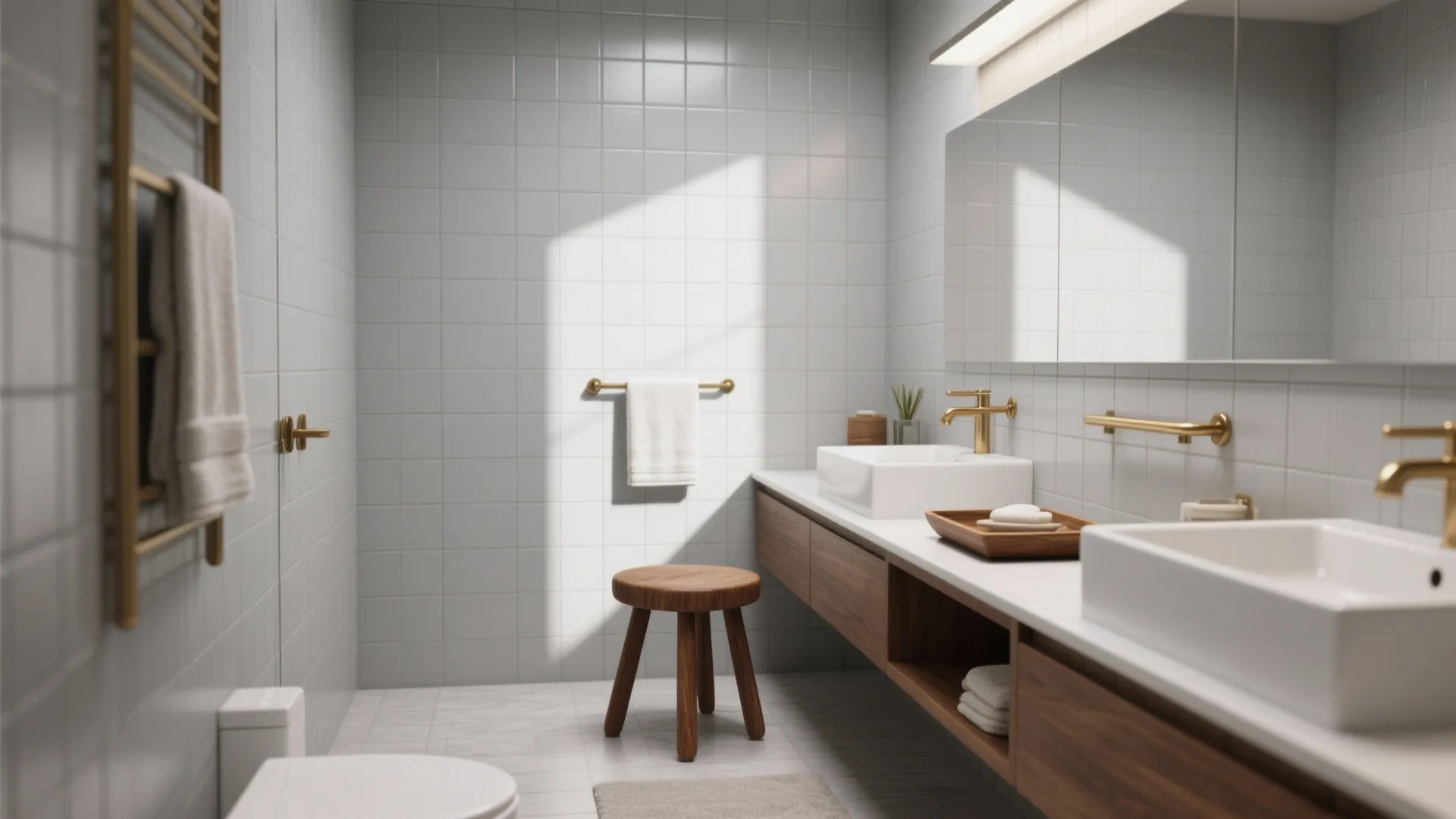 Modern bathroom with double white sinks gold faucets wooden cabinet small stool and grey wall tiles