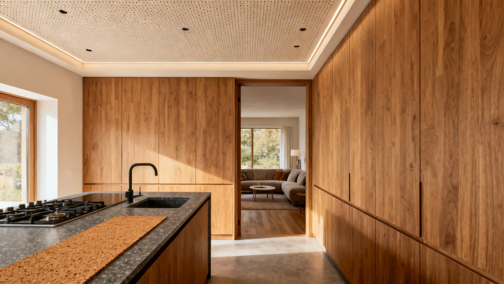 Half-open kitchen with oak fronts, cork rug, and a micro-perforated acoustic ceiling for a quieter feel.