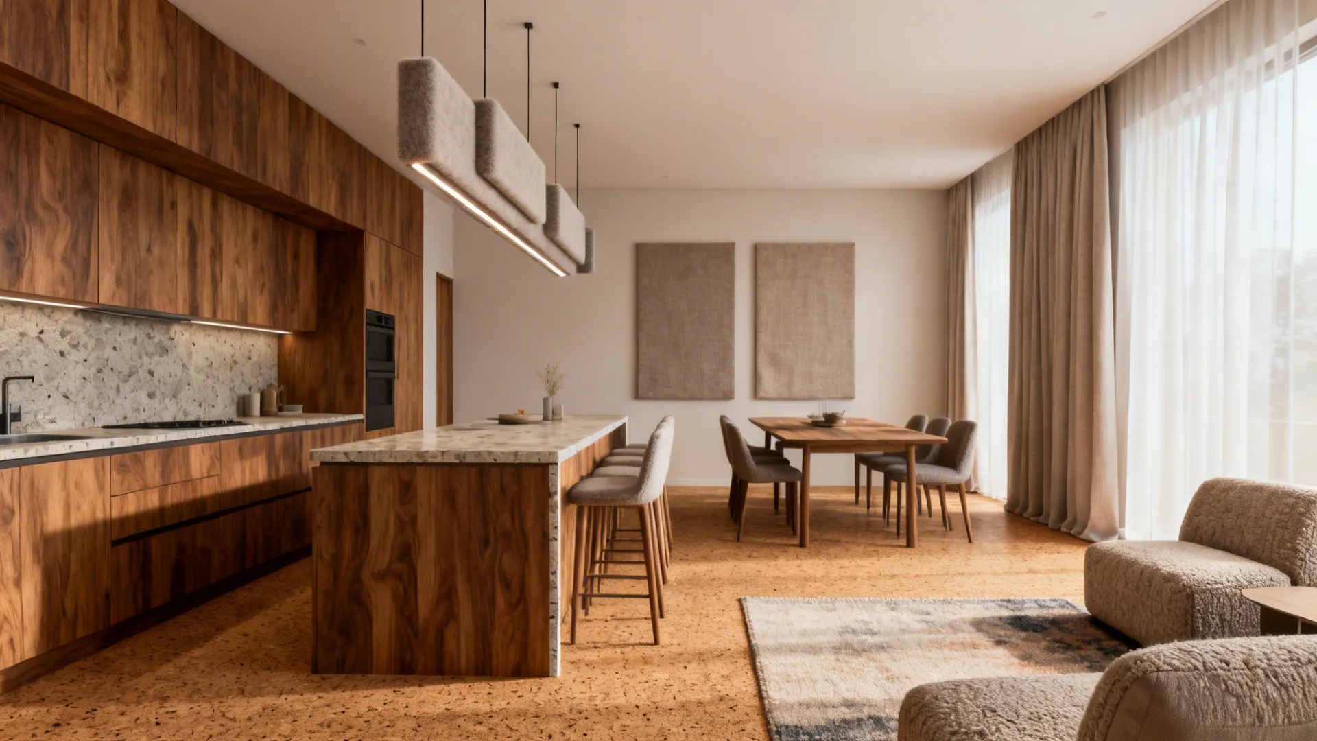 Warm oak and quartz kitchen with felt baffles, fabric acoustic art, and soft furnishings for reduced echo in an open plan.