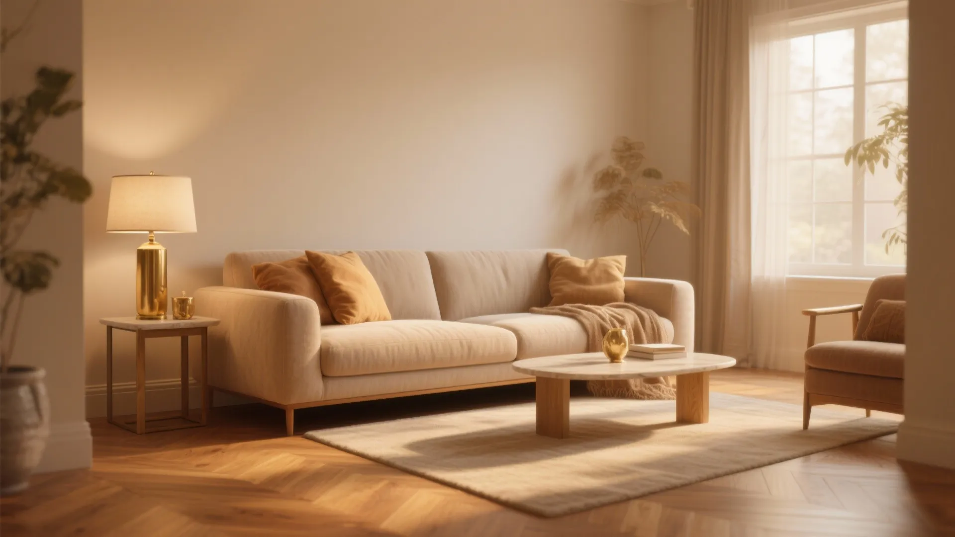 Cozy living room interior with beige sofa gold table lamp marble coffee table and sunlight floor
