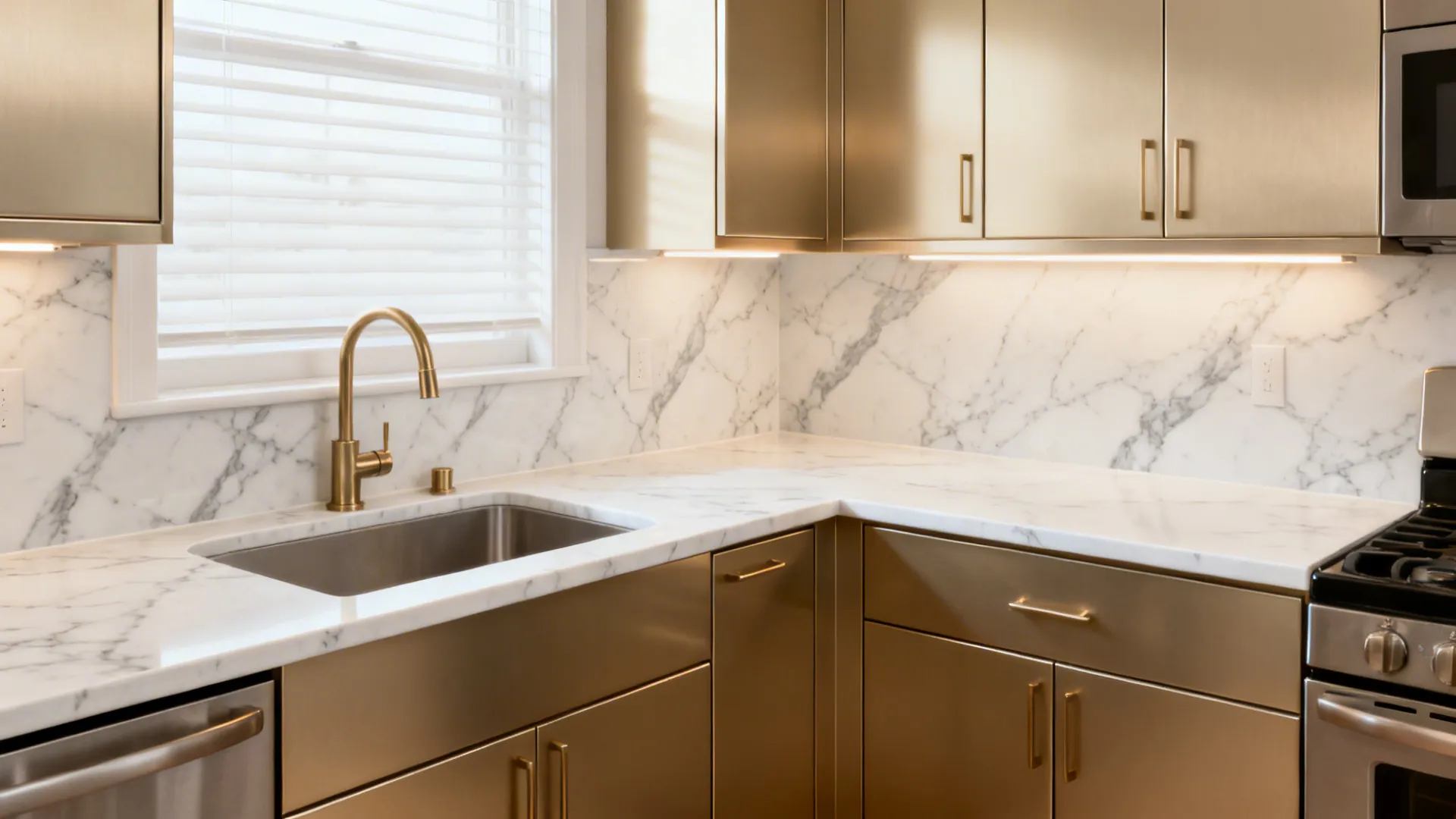Warm-tone aluminium with marble-look quartz for durability