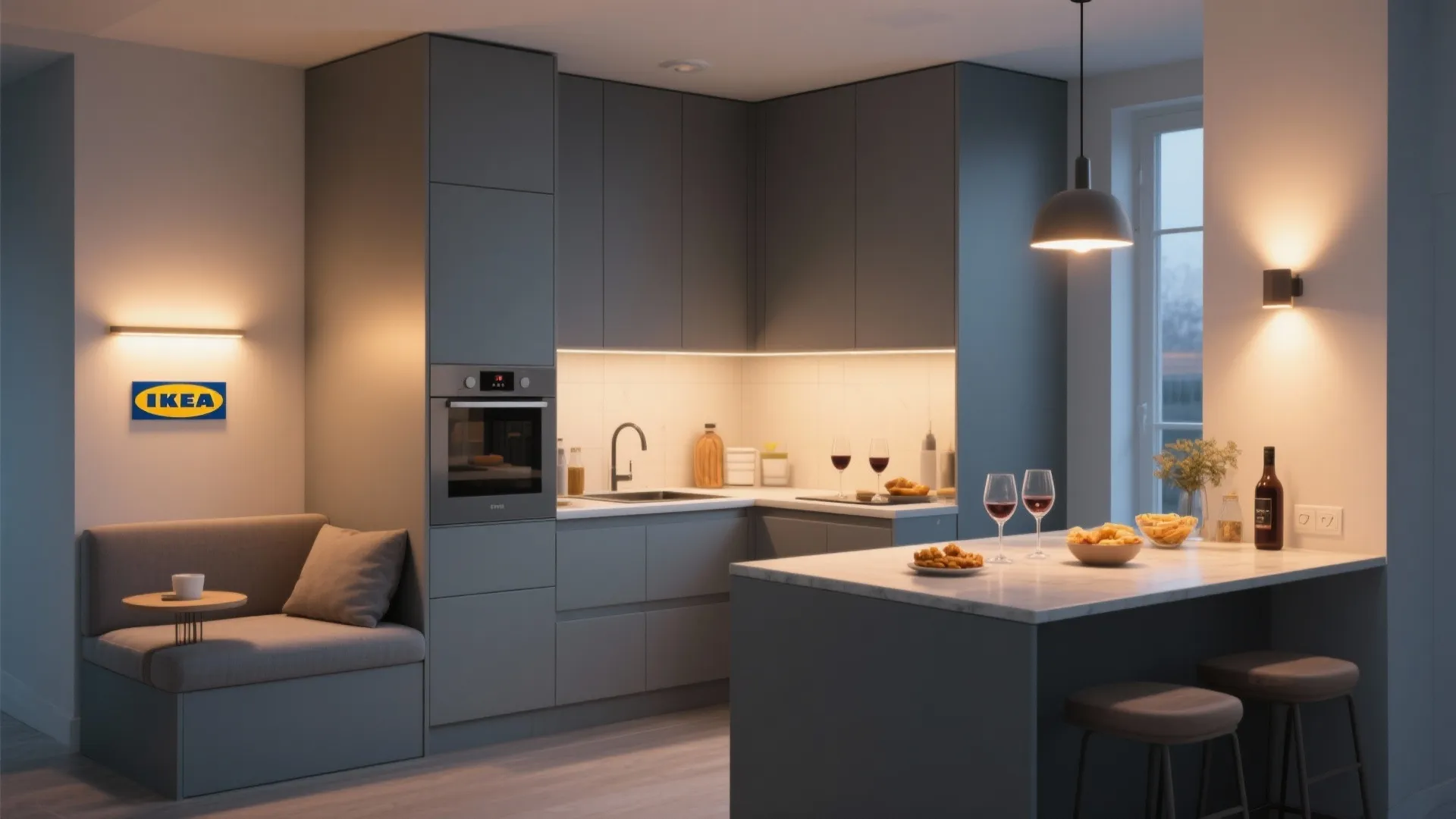 Warm ambient glow to soften modern cabinets