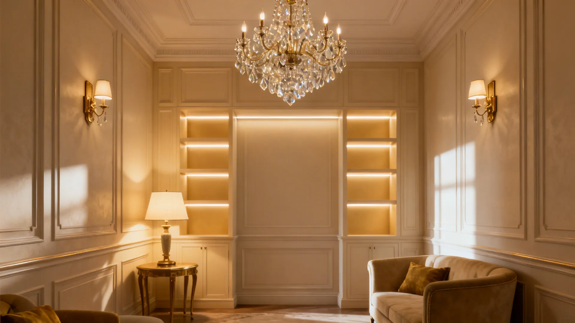 4. Warm Ambient Lighting and a Focal Chandelier